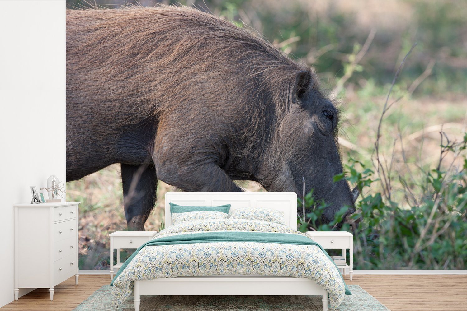 MuchoWow Fototapete Schwein - Wildschwein - Wild, Matt, bedruckt, (6 St), Wallpaper für Wohnzimmer, Schlafzimmer, Kinderzimmer, Vinyl Tapete