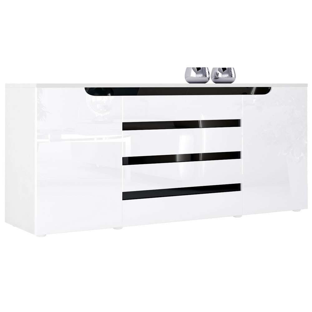 Vladon Sideboard Sintra V2 (Kommode, mit 2 Türen und 4 Schubladen), Weiß matt/Weiß Hochglanz/Schwarz Hochglanz (166 x 72 x 35)