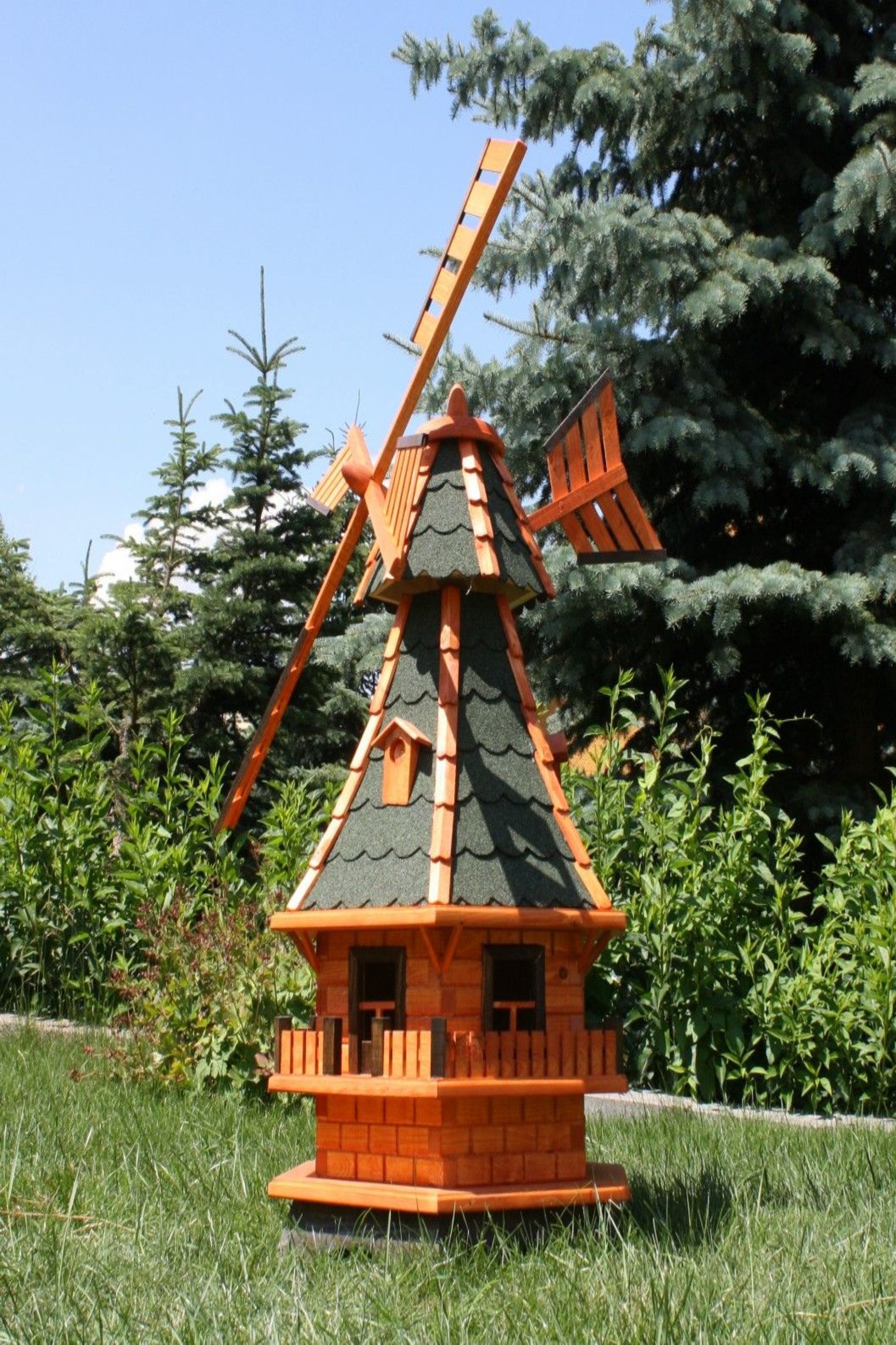 Holzdekoladen Deko-Windrad Gartenwindmühle aus Holz 130 cm – mit weißer Solarbeleuchtung