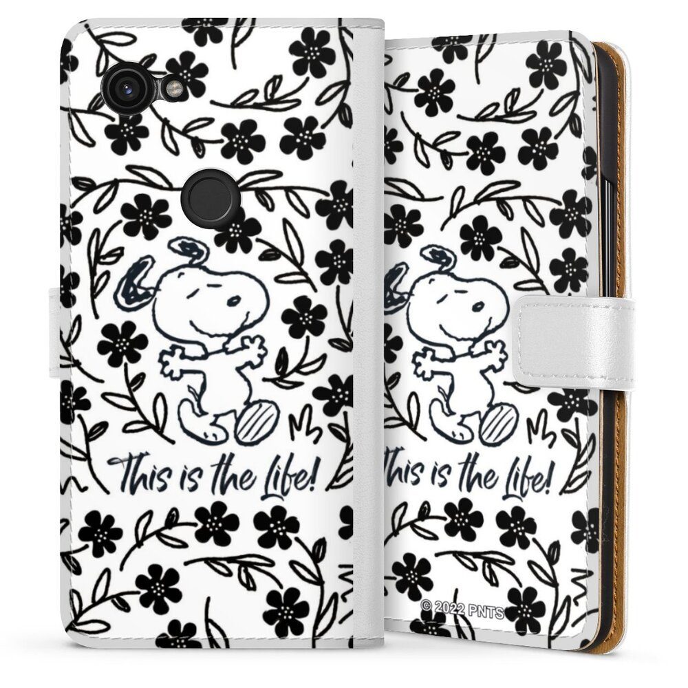 DeinDesign Handyhülle Peanuts Blumen Snoopy Snoopy Black and White This Is The Life, Google Pixel 3a Hülle Handy Flip Case Wallet Cover Handytasche Leder