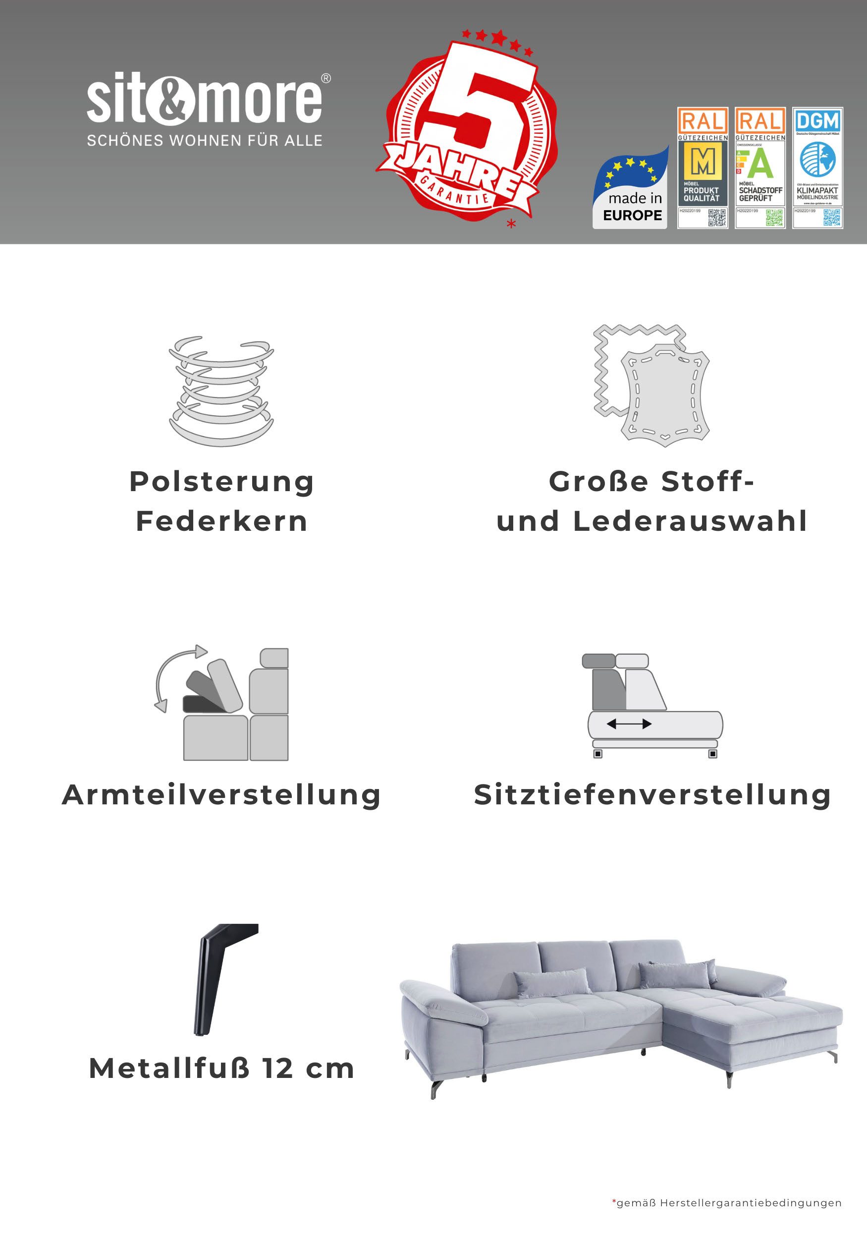 OTTO home Ecksofa Costello L-Form, B: 301 cm mit Sitztiefen-, Armteilverstellung &, 3 Nierenkissen, optional Bettfunktion & Bettkasten