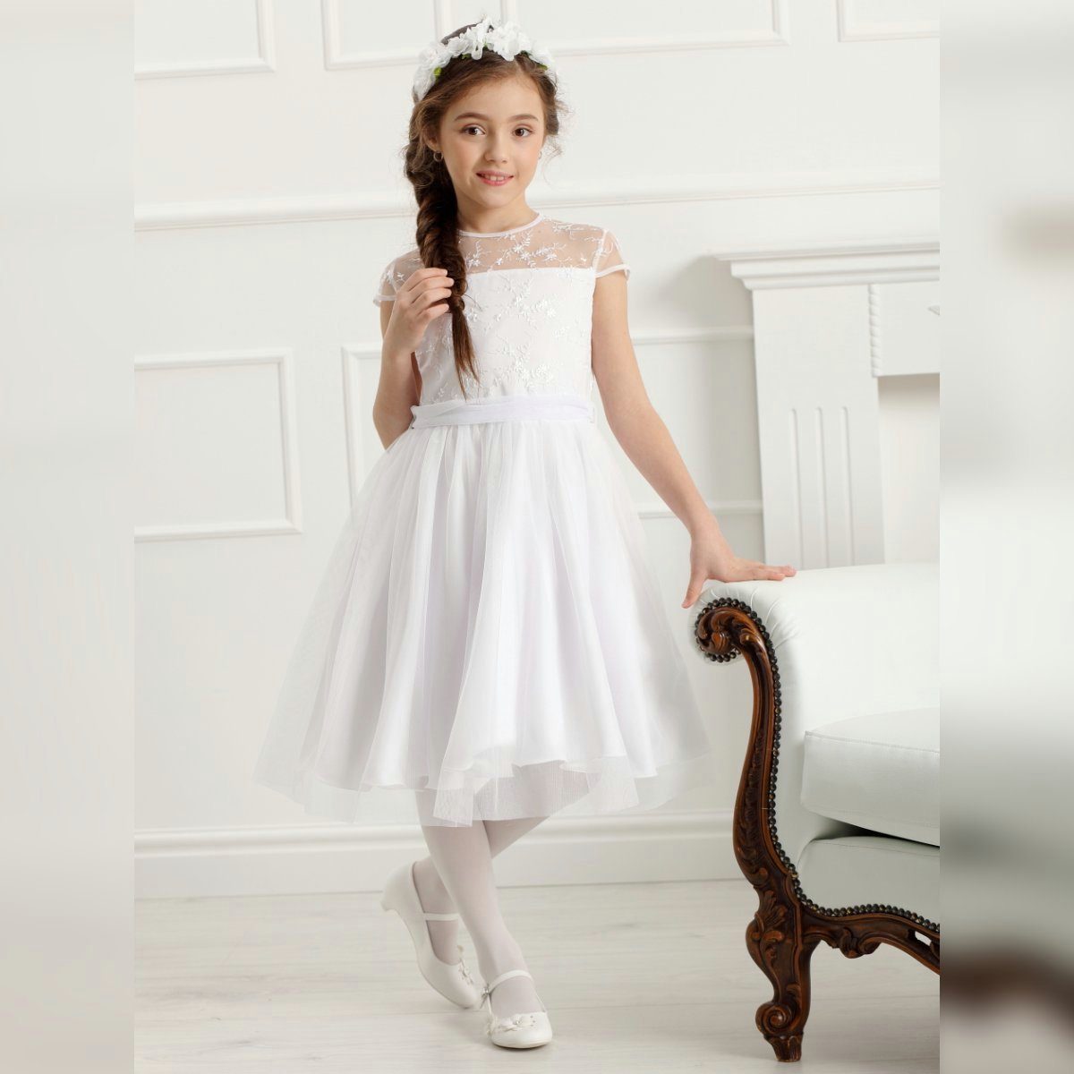 Dalary Tüllkleid Blumenmädchenkleid Kommunionkleid Dalary DK-116 Weiß