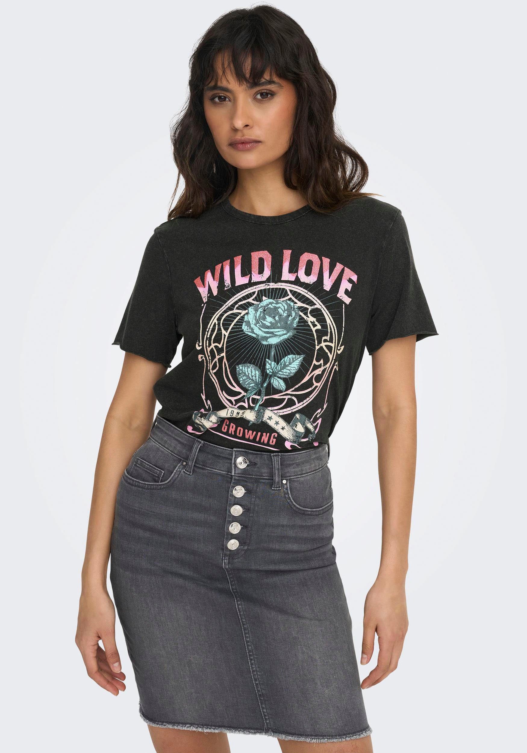 ONLY Rundhalsshirt ONLLUCY REG S/S TOP JRS NOOS unterschiedlich bedruckt Black Print:Wild love