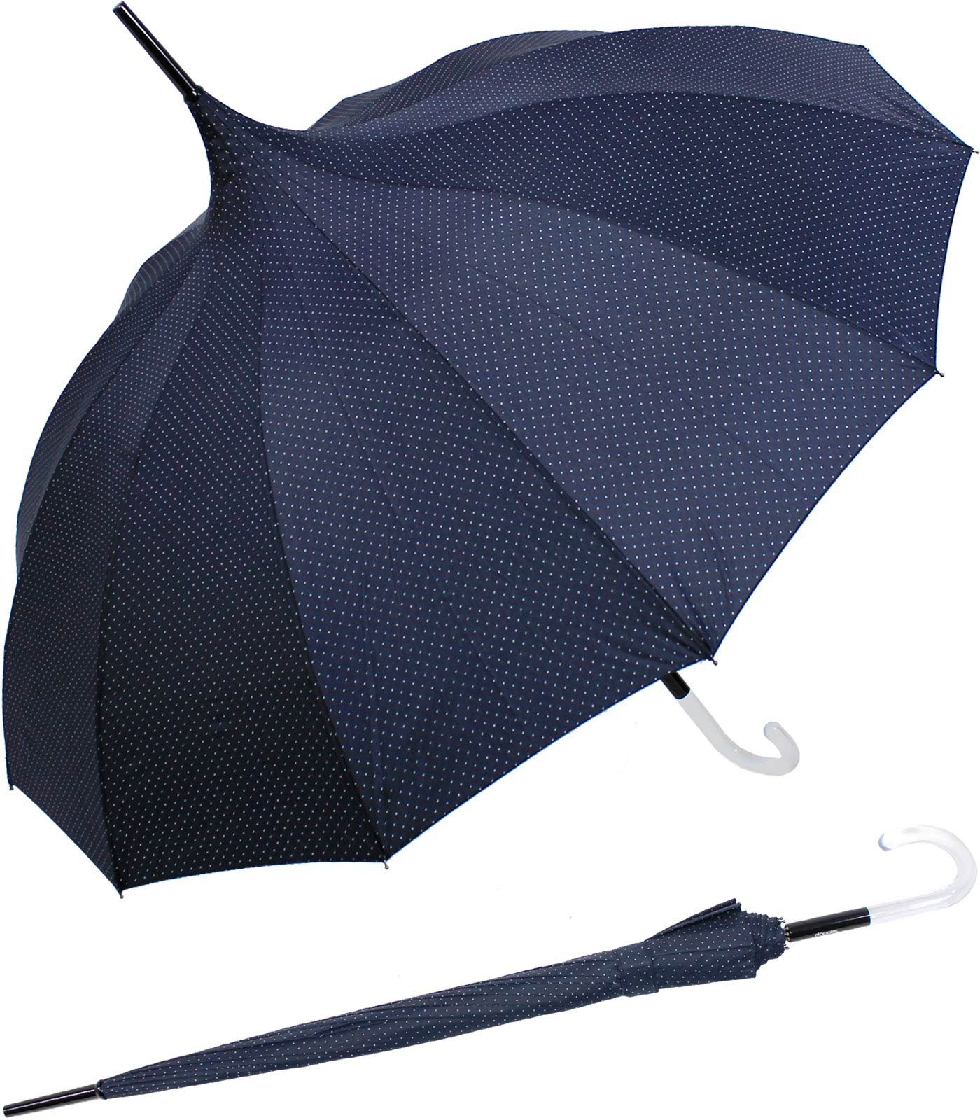 mit Punkten doppler® elegante dezenten Langregenschirm Pagodenform Auf-Automatik, Damenschirm mit blau auffällig geformter