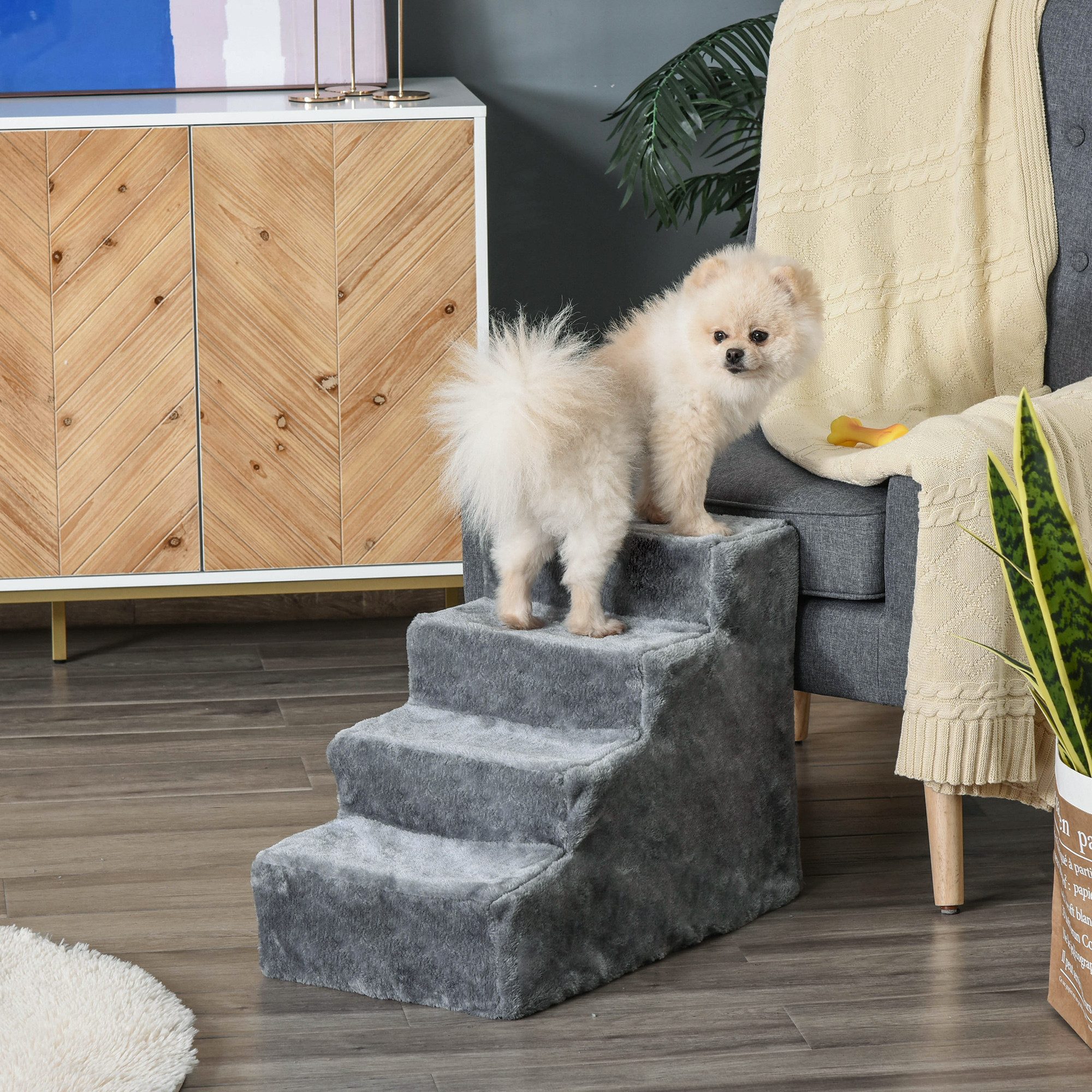 PawHut Haustiertreppe 3 Stufen Hunderampe für Kleine Hunde mit Waschbar Bezug (Haustierleiter, 1-St., Tiertreppe), Grau 60 x 35 x 44 cm