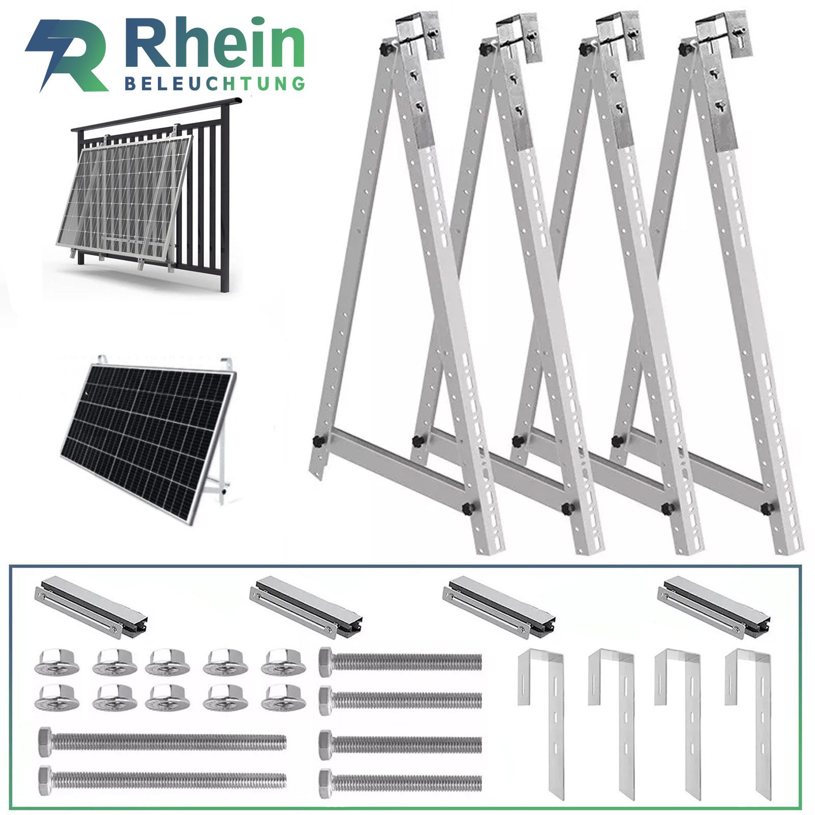 Rhein Beleuchtung Solarmodul-Halterung 114cm/118cm einstellbarer Winkel Solarpanel Halterung(mit Balkonhaken), (Edelstahl, Universelles Design, spart Balkonplatz, erhöht Solarertrag)