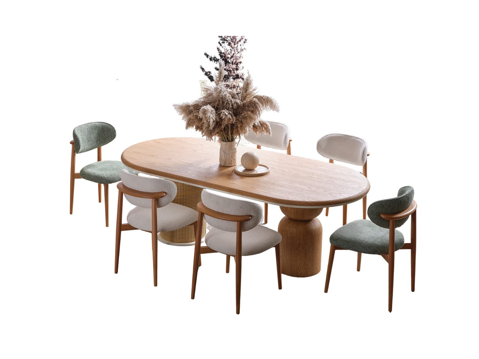 Villa Möbel Esszimmer-Set Begonvil, (Esszimmer-Set, 7-St., Esstisch + 6 Stühle), Feines Geflecht Design Eiche Optik viel Stauraum