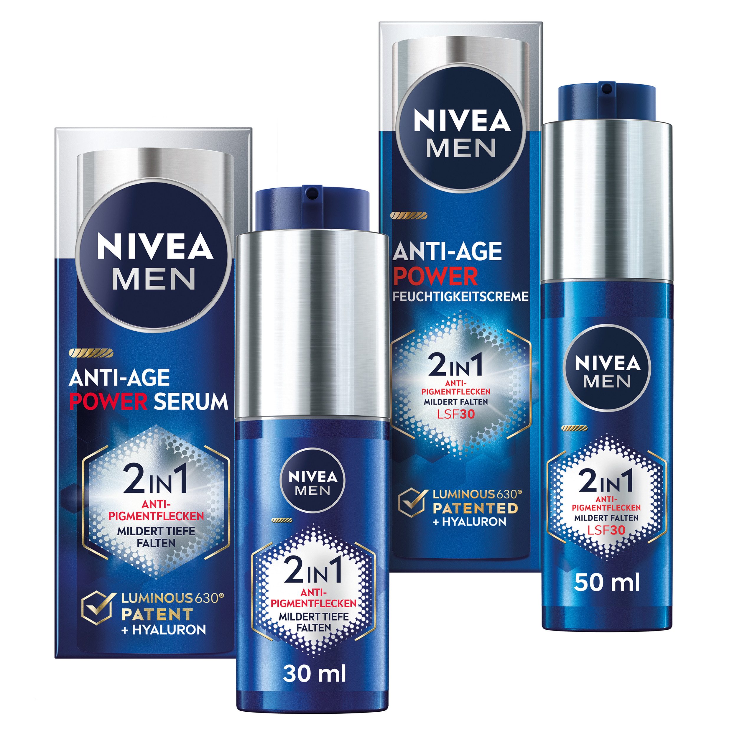 Nivea Men Gesichtspflege-Set Anti-Age 2in1 Power Serum 30ml + 24h Feuchtigkeitscreme 50ml, 2-tlg., LSF30