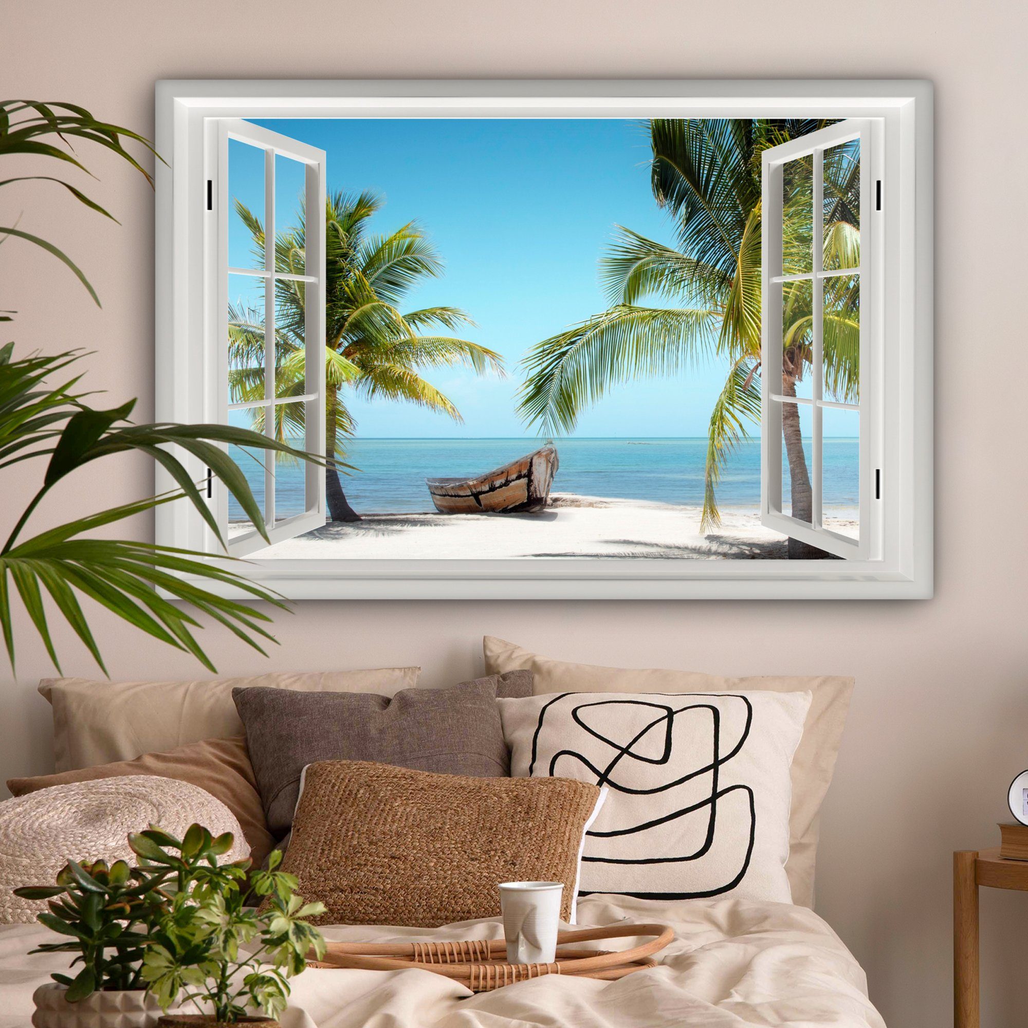 OneMillionCanvasses® Leinwandbild Aussicht - Strand - - - großes, Tropisch Wandbild cm St), Gemälde, 120x80 XXL, Blau, Wohnbereiche, Meer (1 Boot Palme für alle - 
