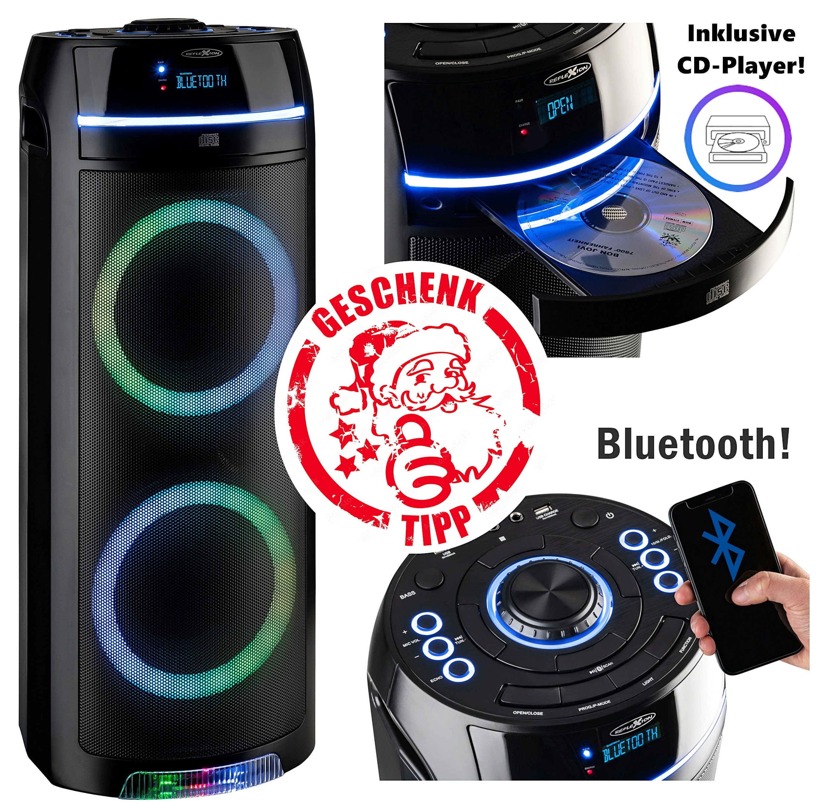 Reflexion PS10BTCD mit eingebauten CD-Player und XMR Bass Technology! Party-Lautsprecher (Bluetooth, 480 W, Bluetooth, Radio, CD-Laufwerk, Disco-Licht Effekte, Super Bass-Taste)
