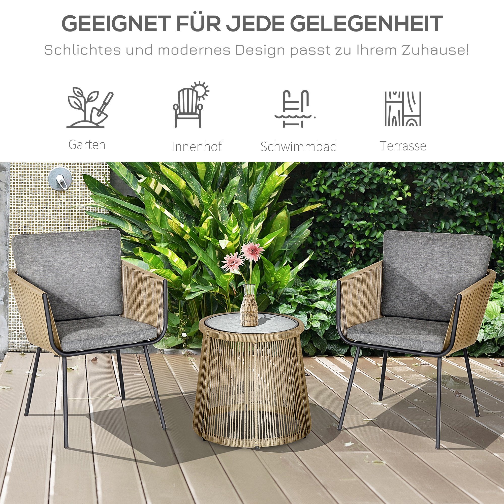 Outsunny Gartenlounge-Set Rattan Gartenmöbel-Set mit 2 Gartenstühle, Beistelltisch, (Sitzgruppe, 3-tlg., Gartengarnitur), für Balkon, Stahl, Grau