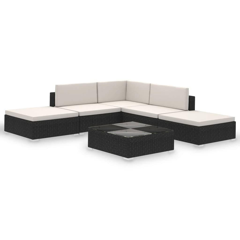 vidaXL Gartenlounge-Set 6-tlg. Garten-Lounge-Set mit Poly Schwarz, Auflagen (6-tlg) Rattan