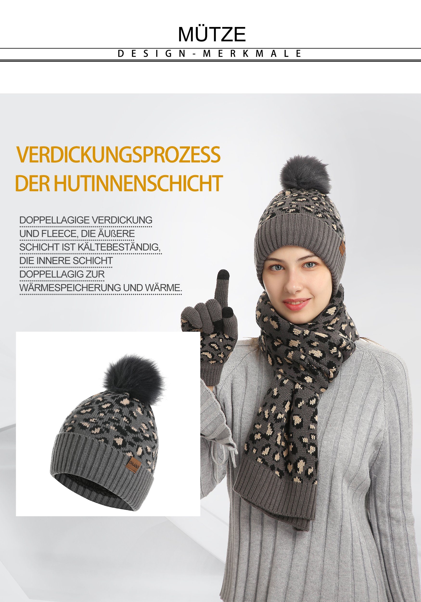 MAGICSHE Mütze & Set Handschuhe Schal Schal Schwarz Leopardenmuster