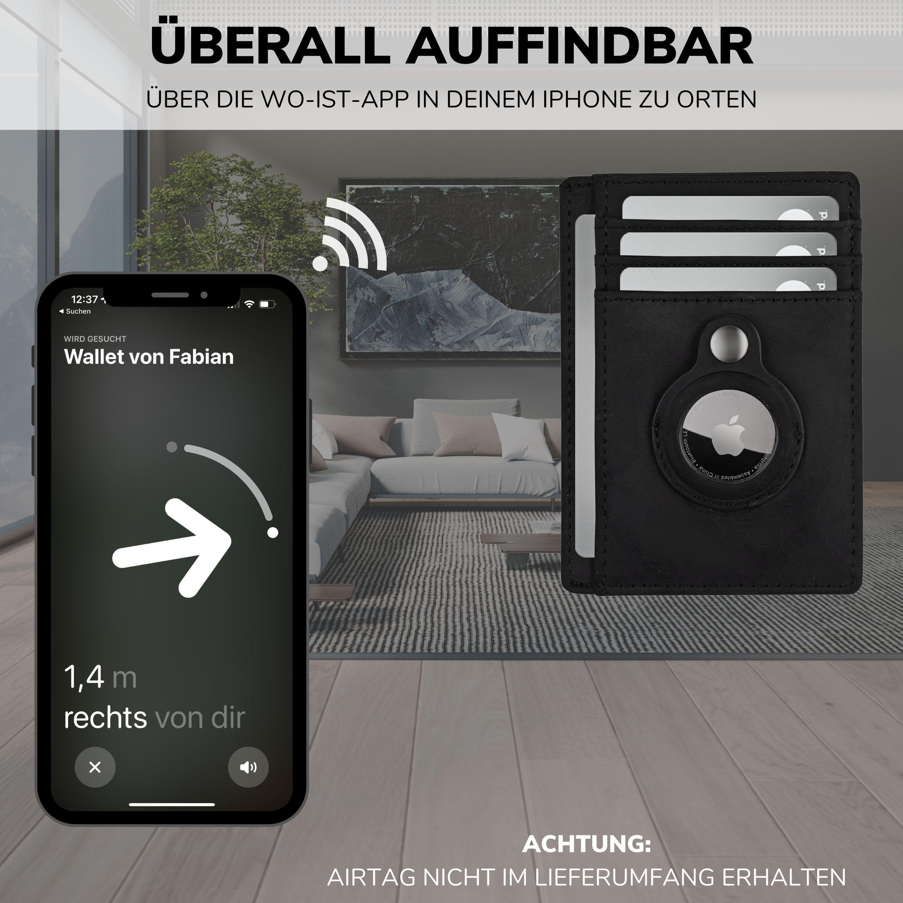 Schwarz mit - mit RFID-Schutz Geldbeutel RFID-Schutz, Geldbörse für Wallet - Wallet mit AirTag AirTag Wallet SLIMJACK SLIMJACK Apple Slim Fach Mini