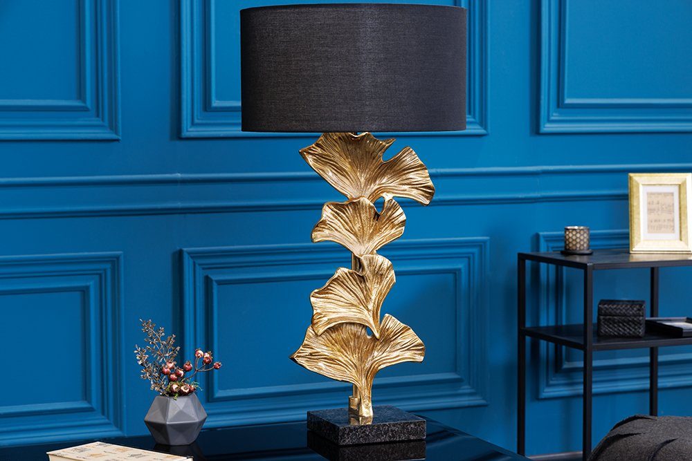 Leuchtmittel, Leinen Marmor schwarz Tischleuchte / Ein-/Ausschalter, Metall Wohnzimmer GINKGO · 70cm · · ohne gold, · riess-ambiente Modern