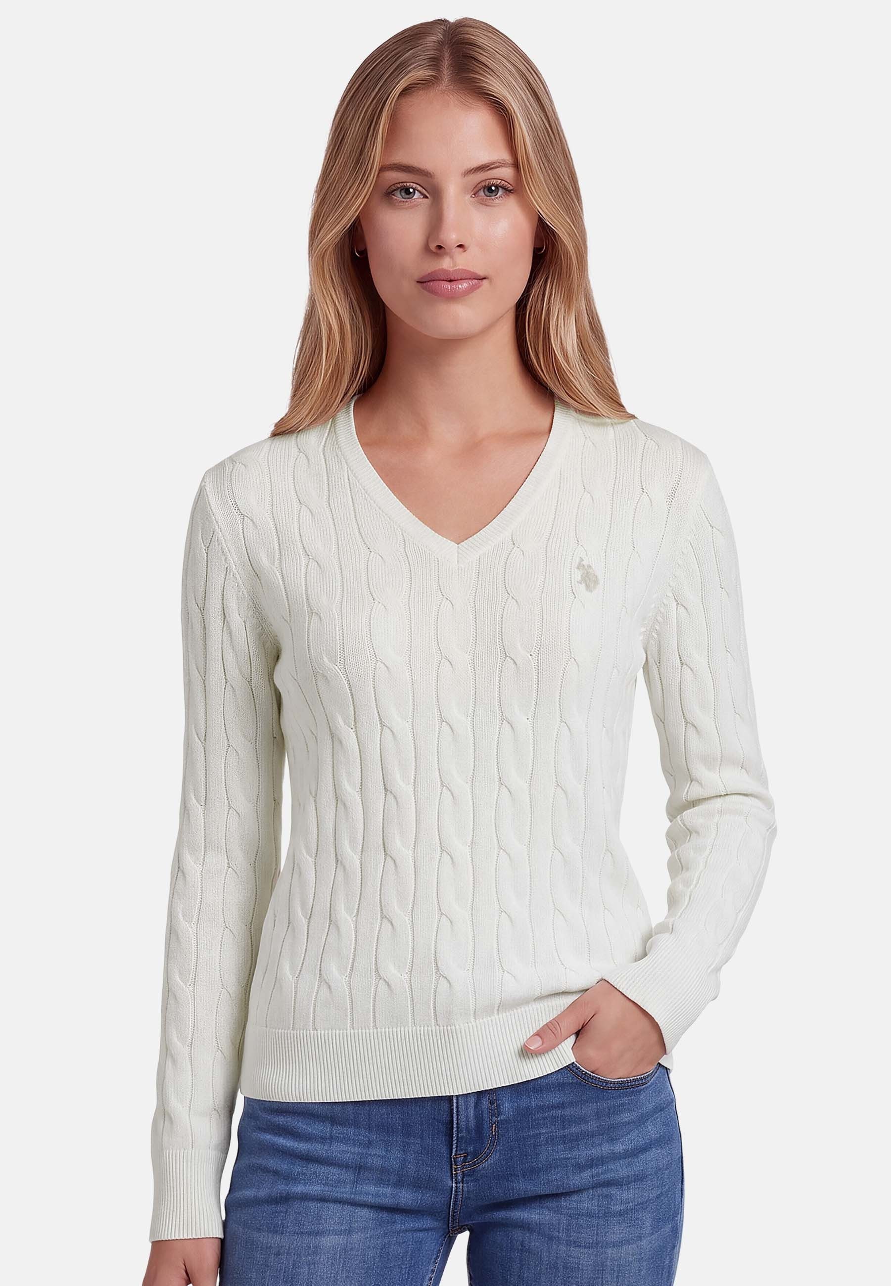 U.S. Polo Assn. Rundhalspullover mit Zopfmuster und V-Ausschnitt Klassischer Strickpullover mit Rippbündchen und dezenter Logostickerei