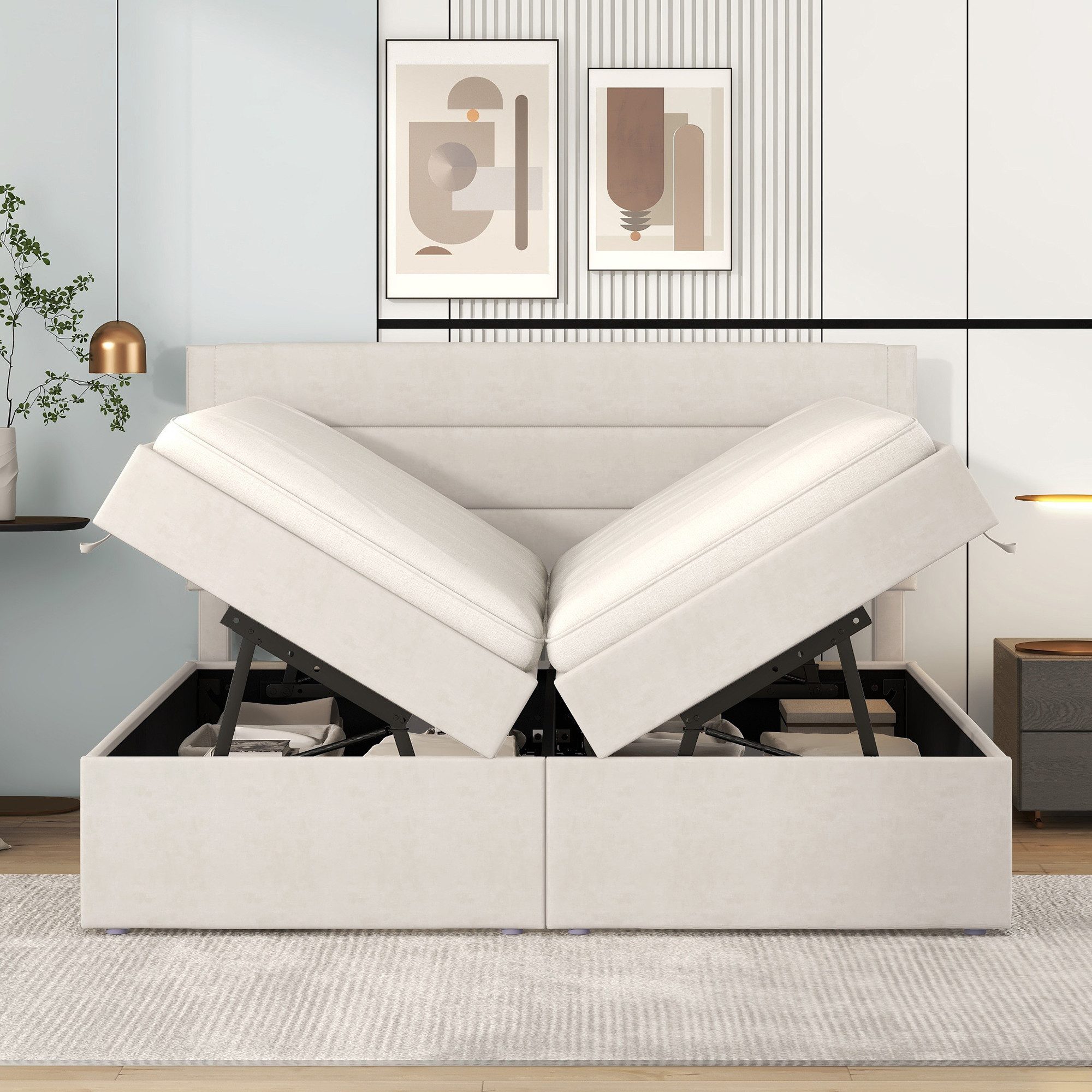 TavilaEcon Polsterbett 140 x 200 cm mit 2 Bettkasten, hydraulisch beidseitig zu öffnen, Beige, Doppelbett mit Lattenrost aus Metallrahmen, großer Stauraum – Bild 5 von 5