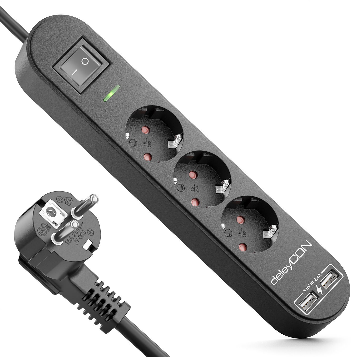 deleyCON deleyCON 5m 3 Fach Розеткиleiste mit USB & EIN/AUS Schalter Schwarz Розеткиleiste