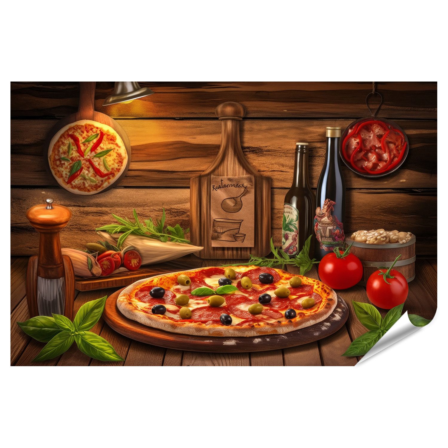 islandburner Poster Italienische Küche mit Pizza und Zutaten für Küche Liebhaber