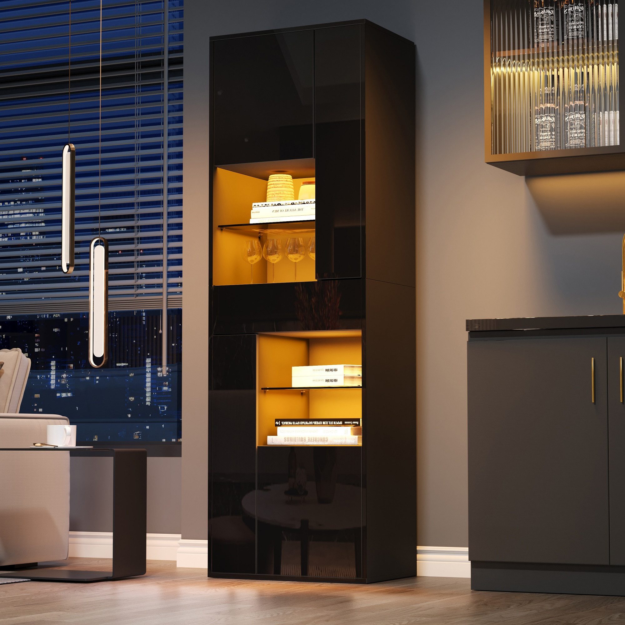 STILVORA Vitrine mit Schublade,Hochschrank Standvitrine mit LED-Beleuchtung&Glasboden