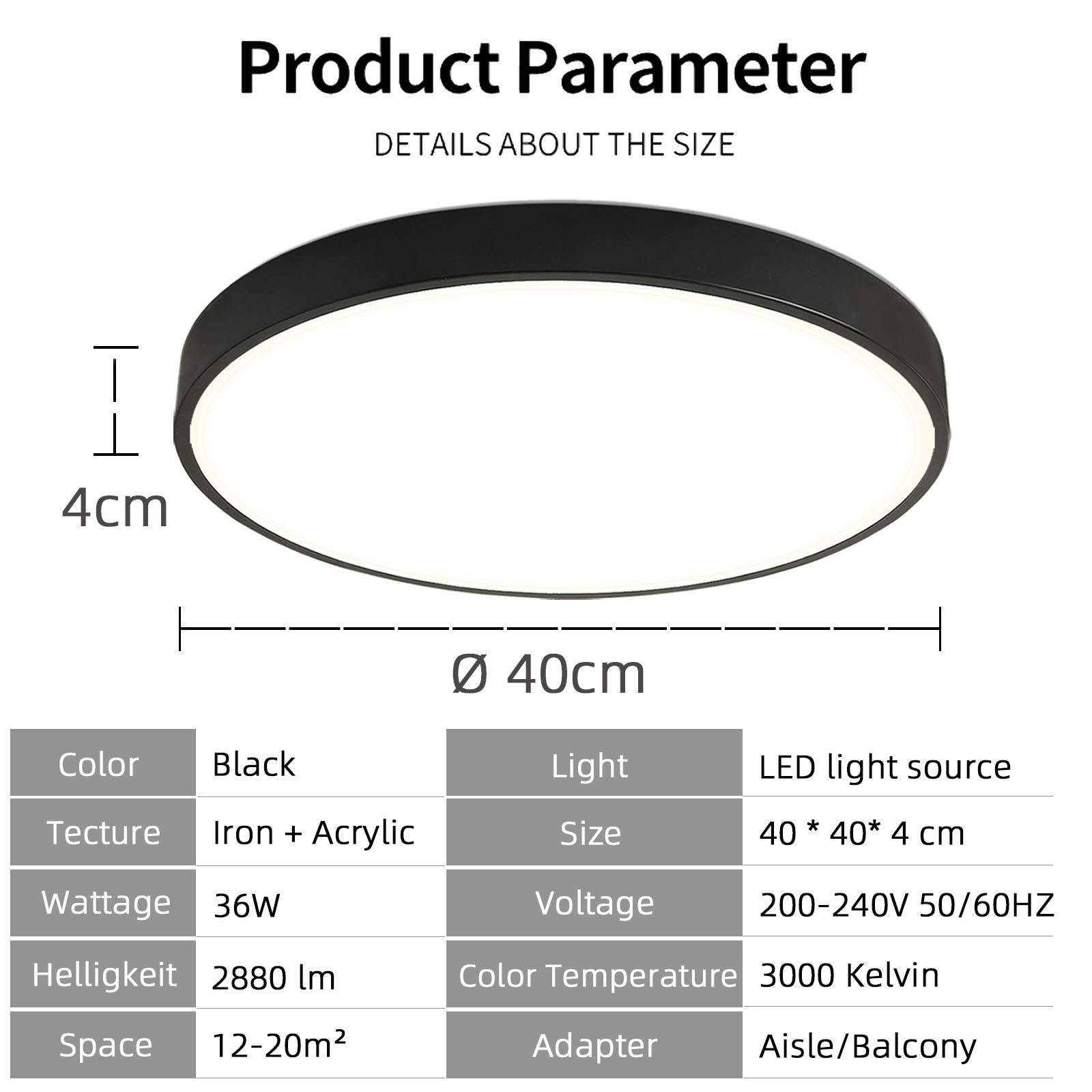 Deckenleuchte Warmweiß Leuchte, Schwarz, Deckenlampe fest für Schlafzimmer Küche Wohnzimmer style Ø40*4cm, 3000K, Runde integriert, LED home 36W,