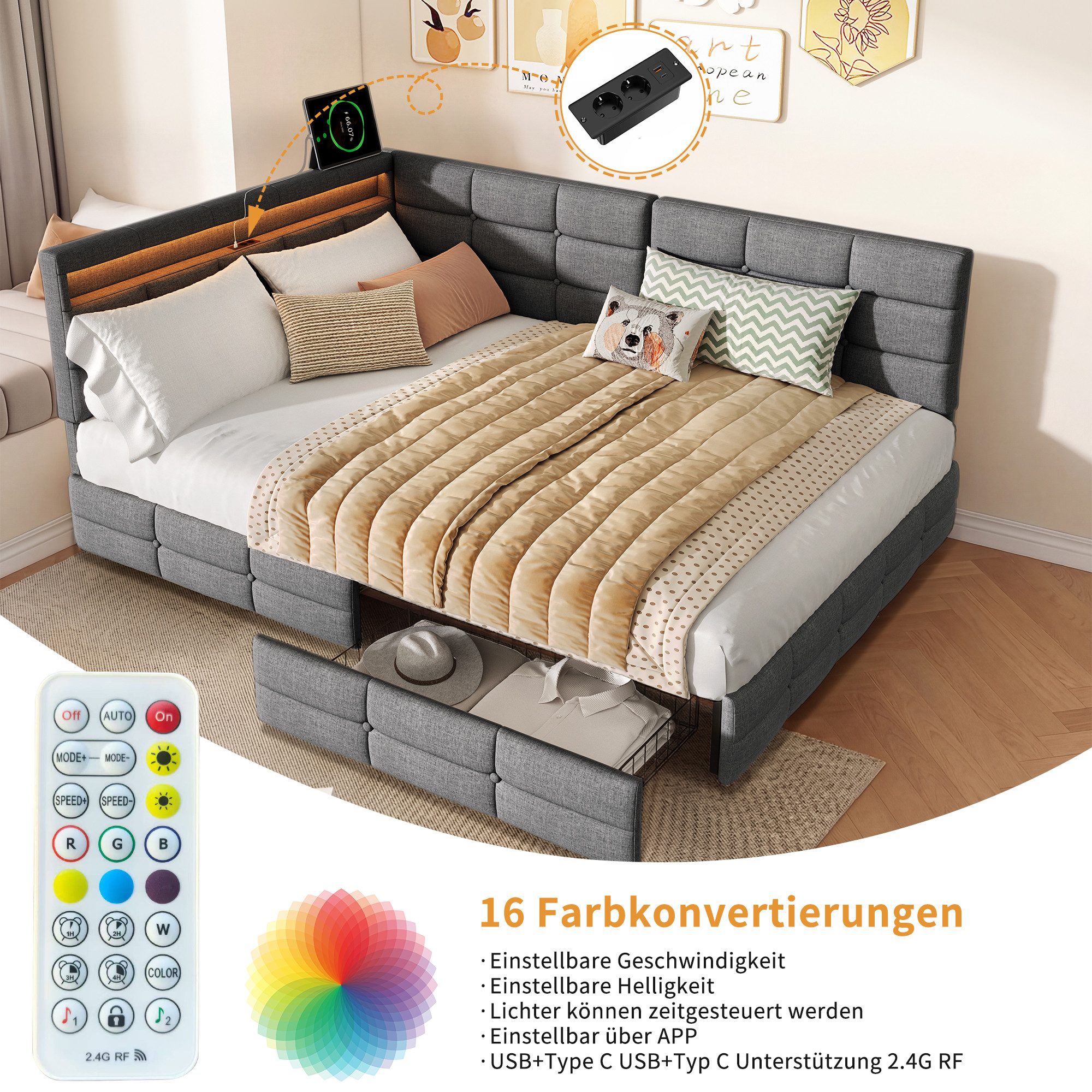 ADWOLT Schlafsofa Daybett Polsterbett Mit LED-Licht und USB-Anschluss, Set 1 Teile, 140x190 cm,Mit 2 Schubladen,Leinenstoff-Grau – Bild 2 von 5