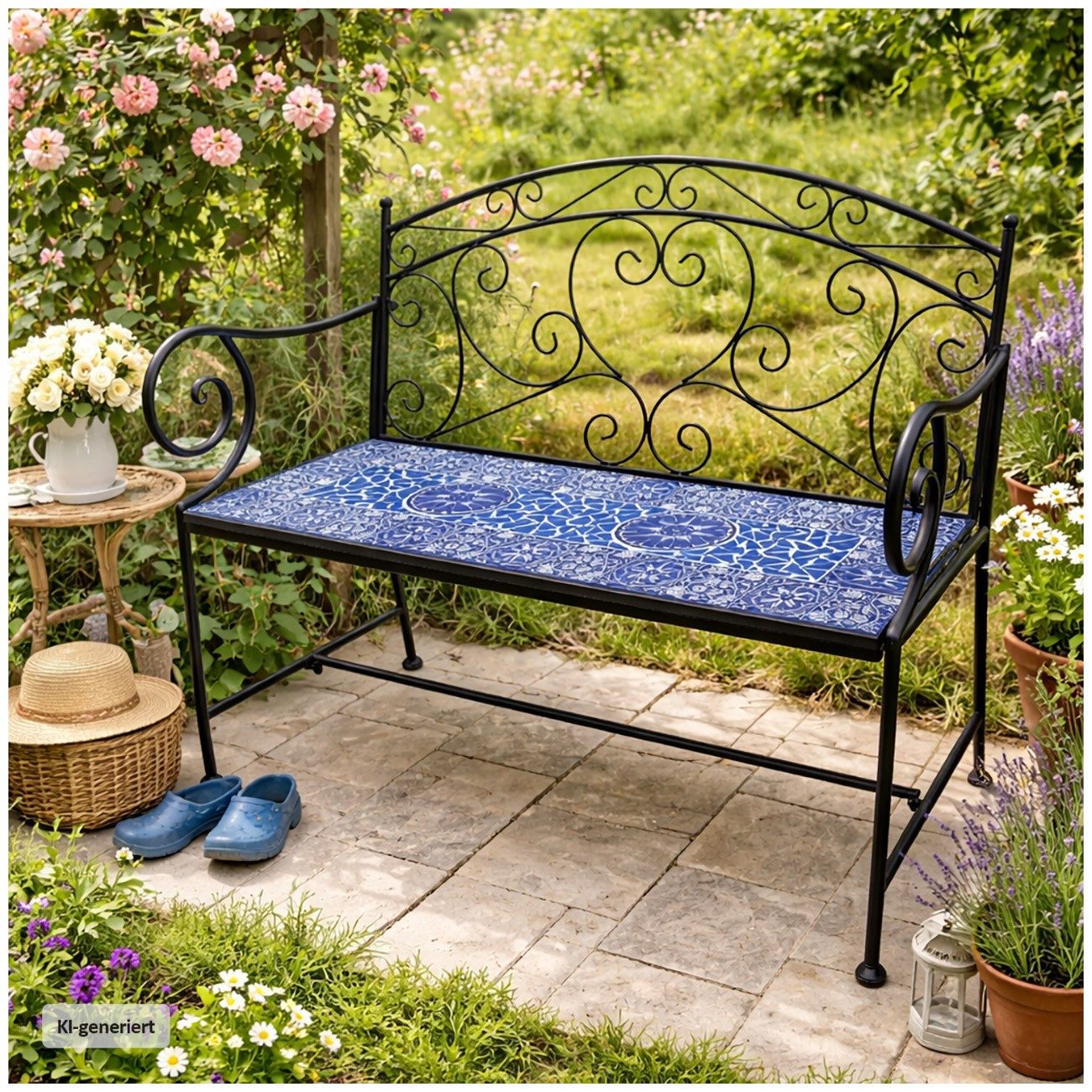 HTI-Living Gartenbank Gartenbank Metall mit Mosaik blau Sitzfläche Vintage Stil für Terrasse