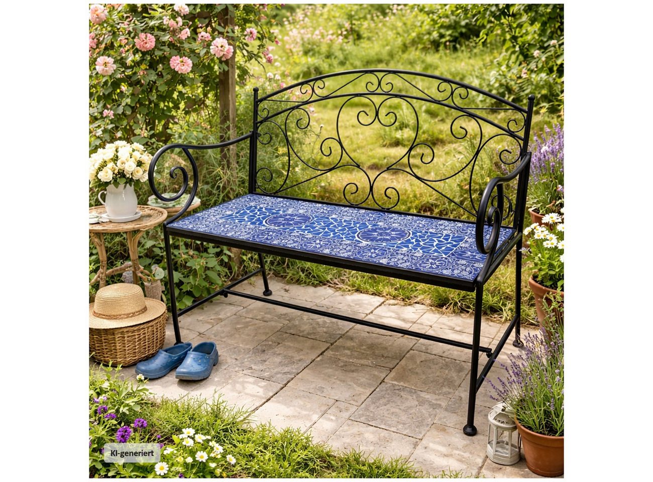HTI-Living Gartenbank Gartenbank Metall mit Mosaik blau Sitzfläche Vintage Stil für Terrasse