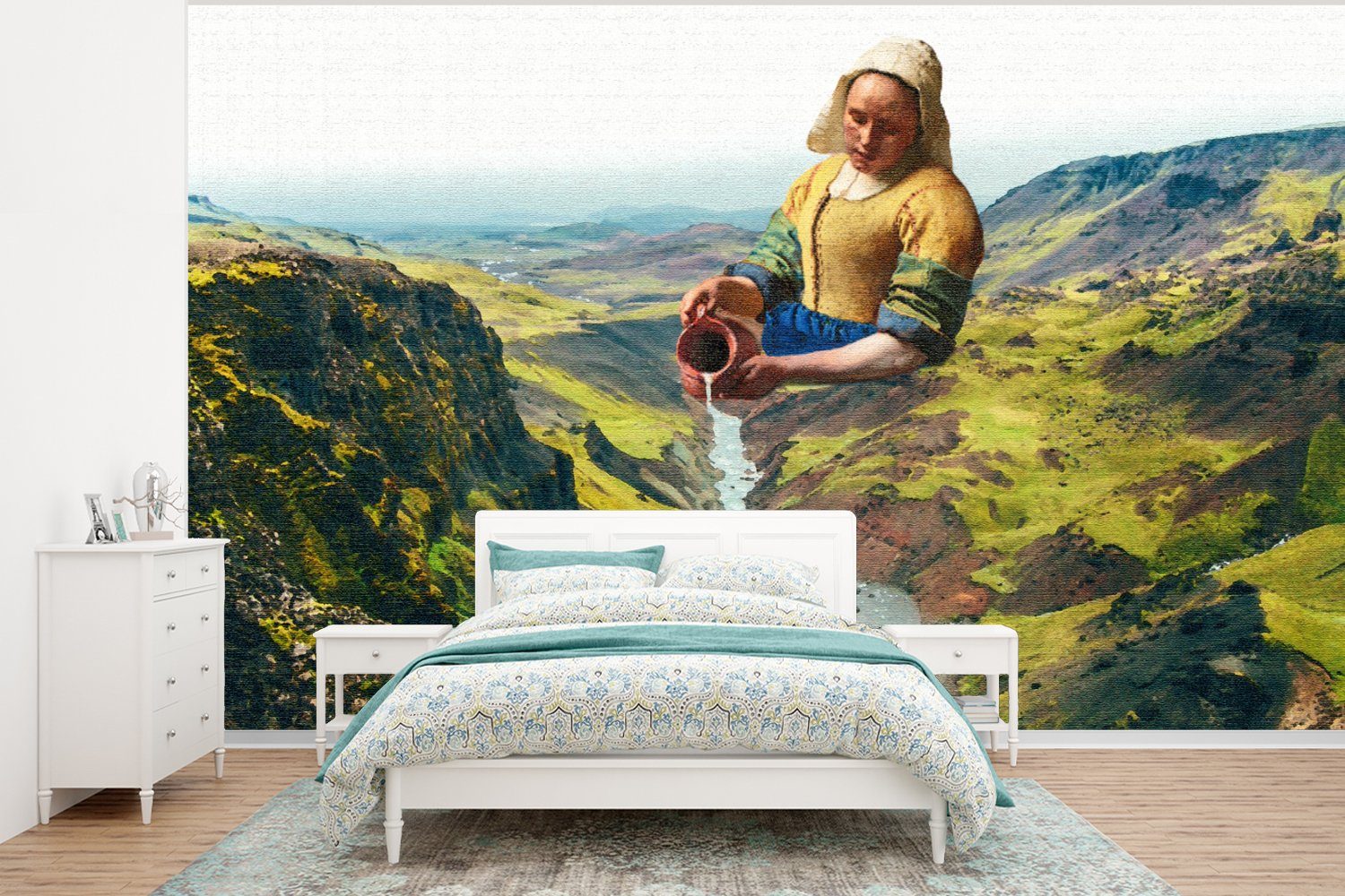 MuchoWow Fototapete Milchmädchen - Vermeer - Natur, Matt, bedruckt, (6 St), Wallpaper für Wohnzimmer, Schlafzimmer, Kinderzimmer, Vinyl Tapete