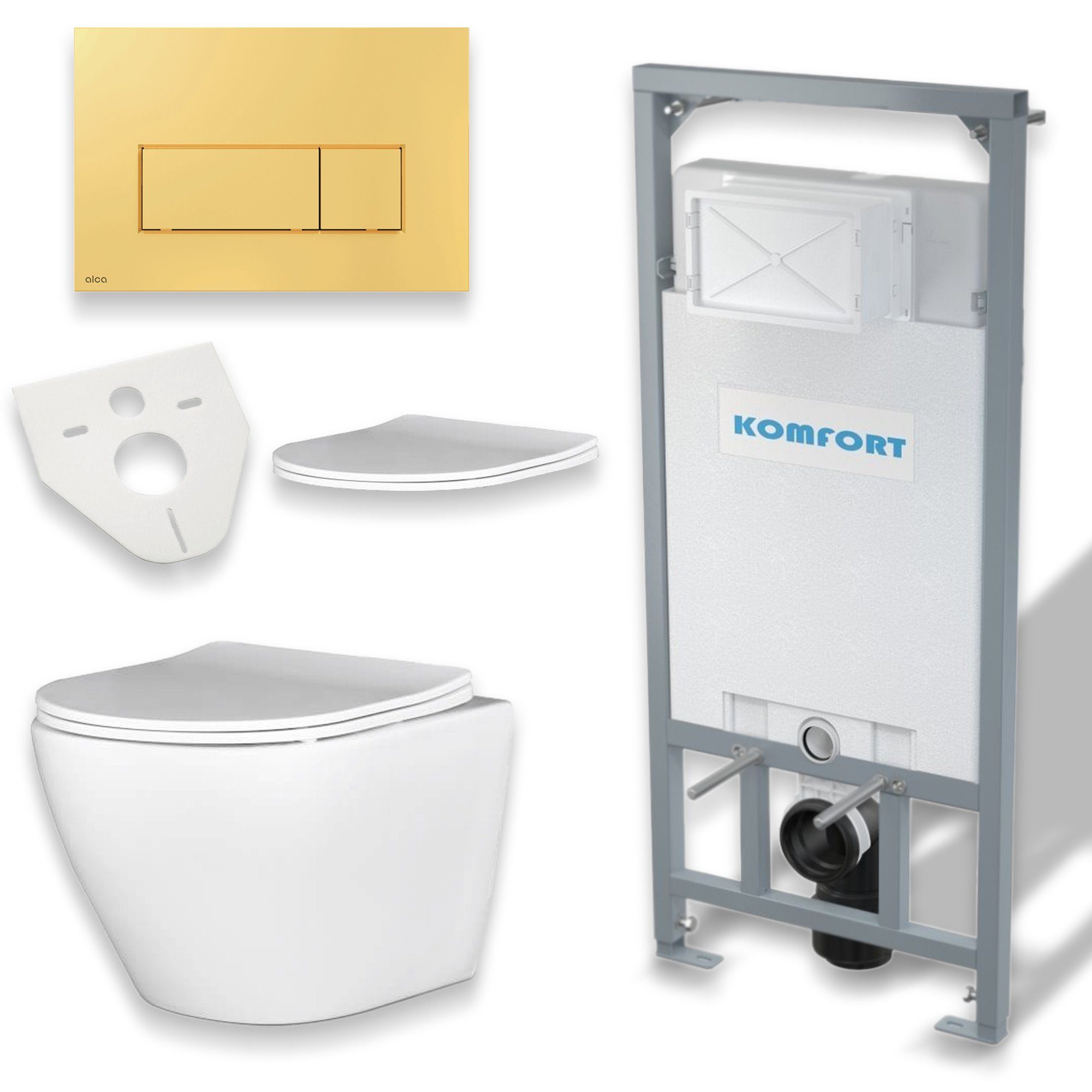 KOLMAN Vorwandelement WC SET: Wand-WC Desna Weiß + C201 + Betätigungsplatte Gold, 9 l, inkl. Slim WC-Sitz mit Soft-close und Schallschutzmatte