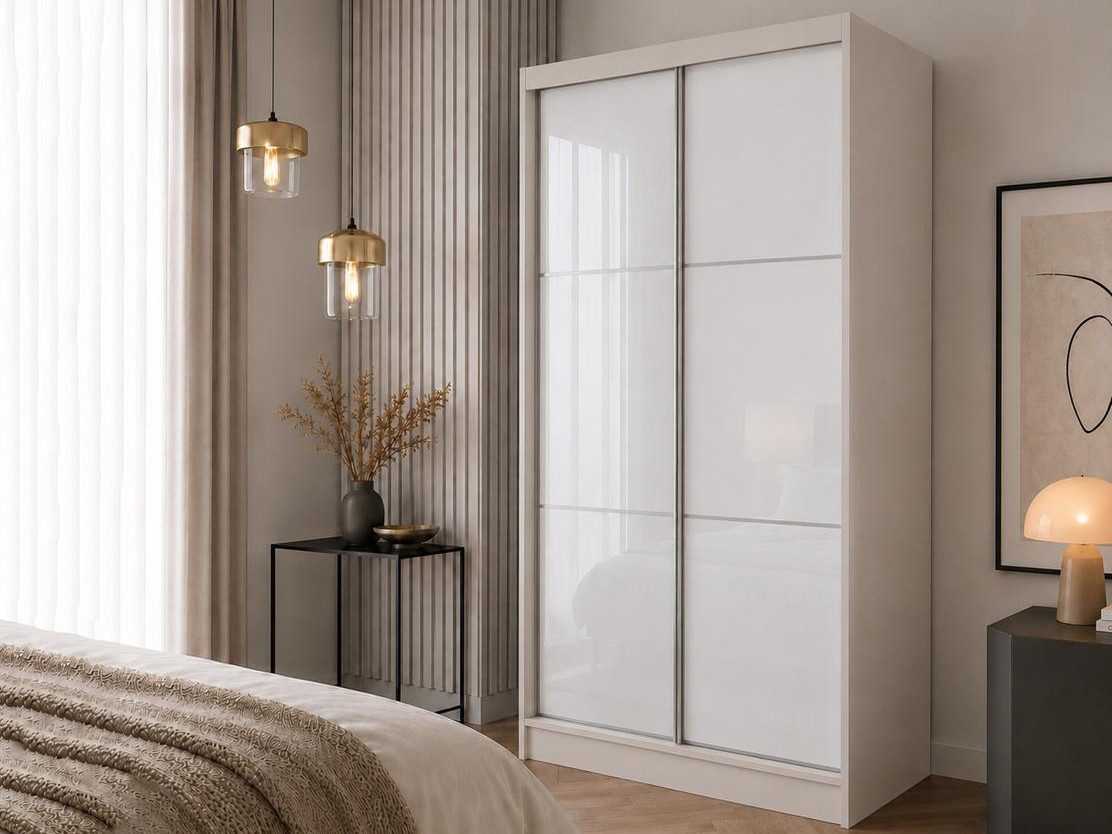 Beautysofa Schwebetürenschrank Viva mit Lacobel-Glas (4 Farben: Weiß, Grau, Schwarz und Kaschmir, mit oder ohne Schubladeneinsätze) Moderner Kleiderschrank