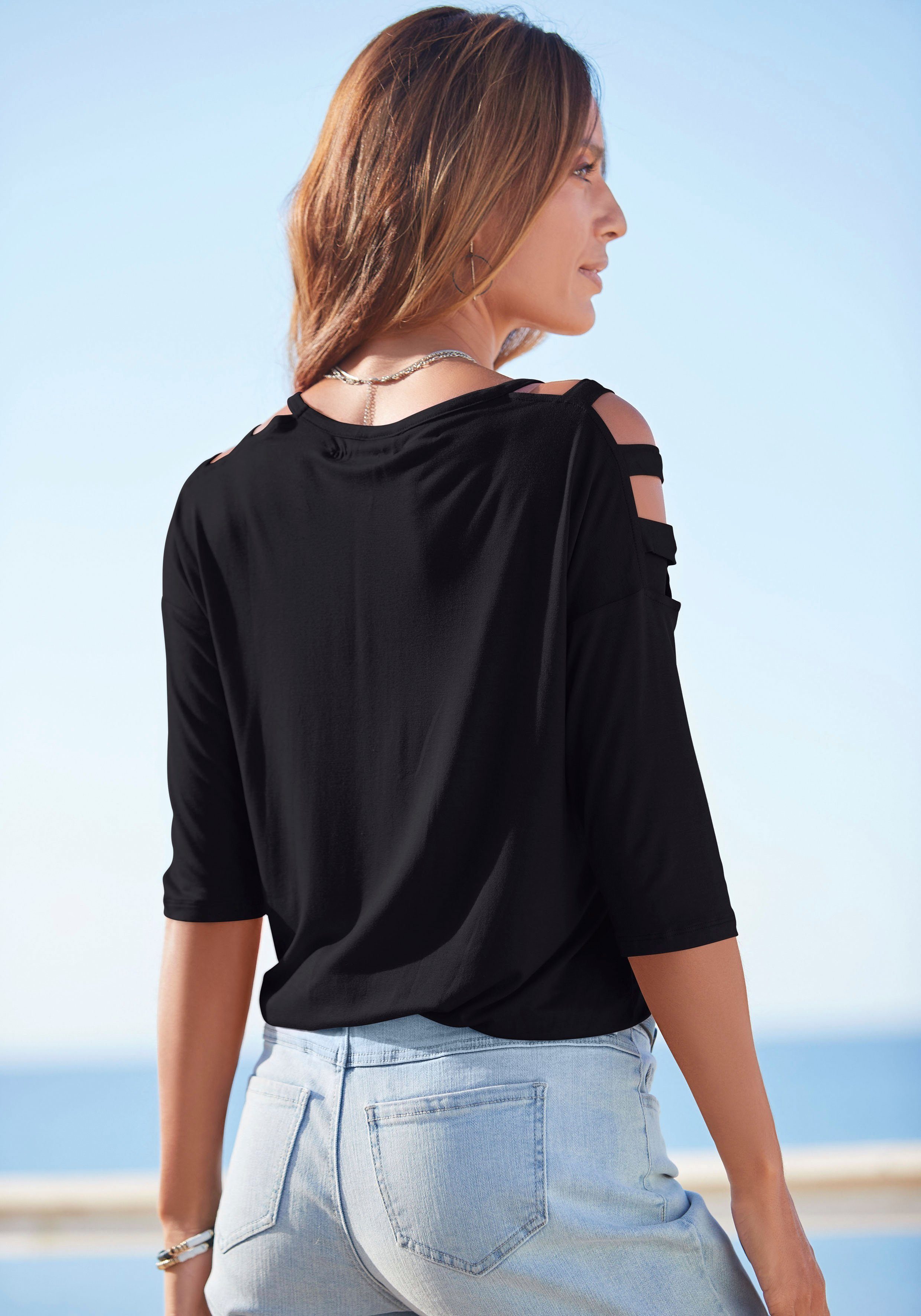 LASCANA 3/4-Arm-Shirt mit Cut-outs, raffiniertes Longsleeve, schulterfrei