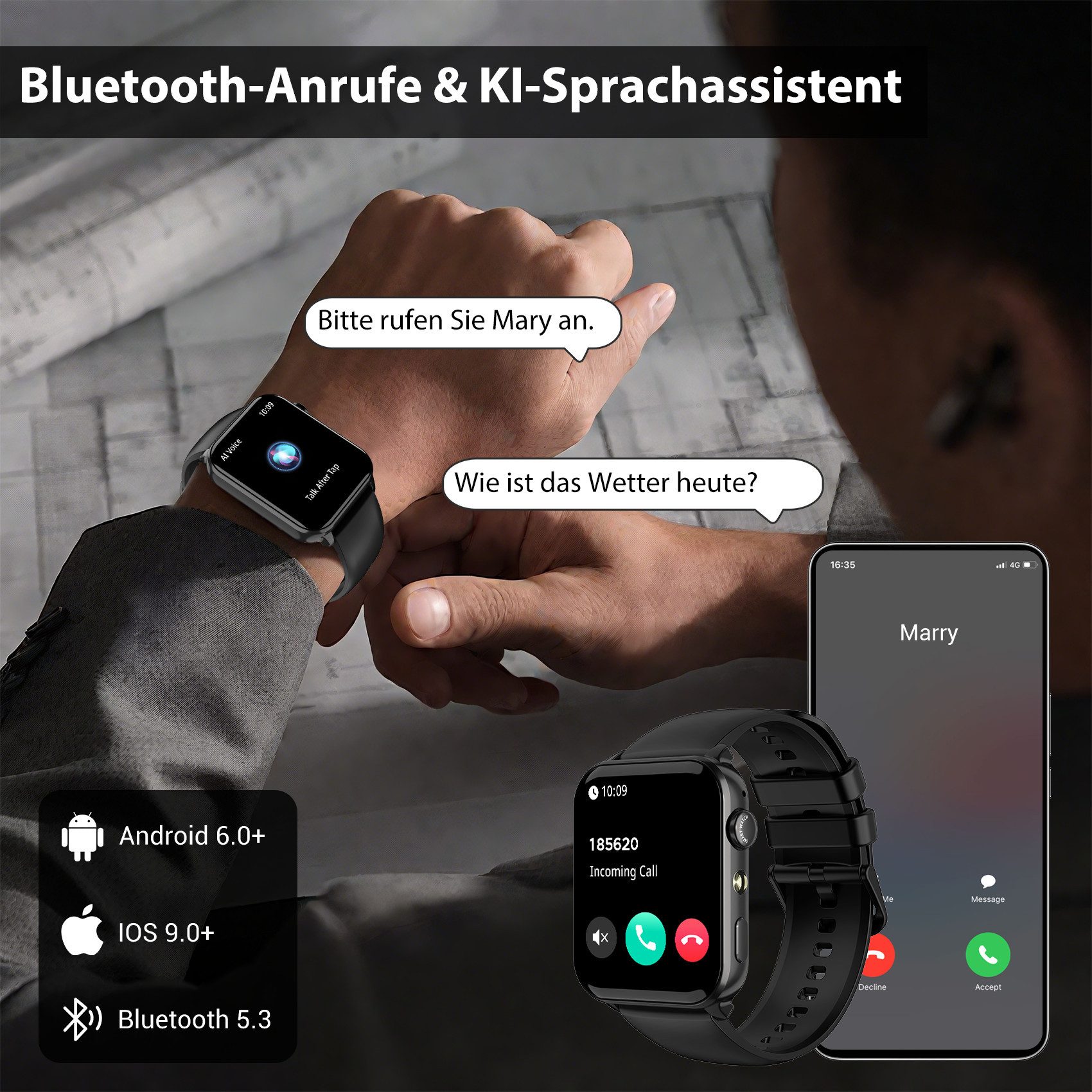 blackview Smartwatch Herren Damen, LED-Leuchte, 350mAh (6 Tage), 2 Armbänder Smartwatch (1.91 Zoll, iOS/Android), mit Wechselband aus weichemSilikon und Ladekabel, Antwort & Anruf tätigen,Herzfrequenz,Schlafmonitor,SpO2,Schritten,IP68