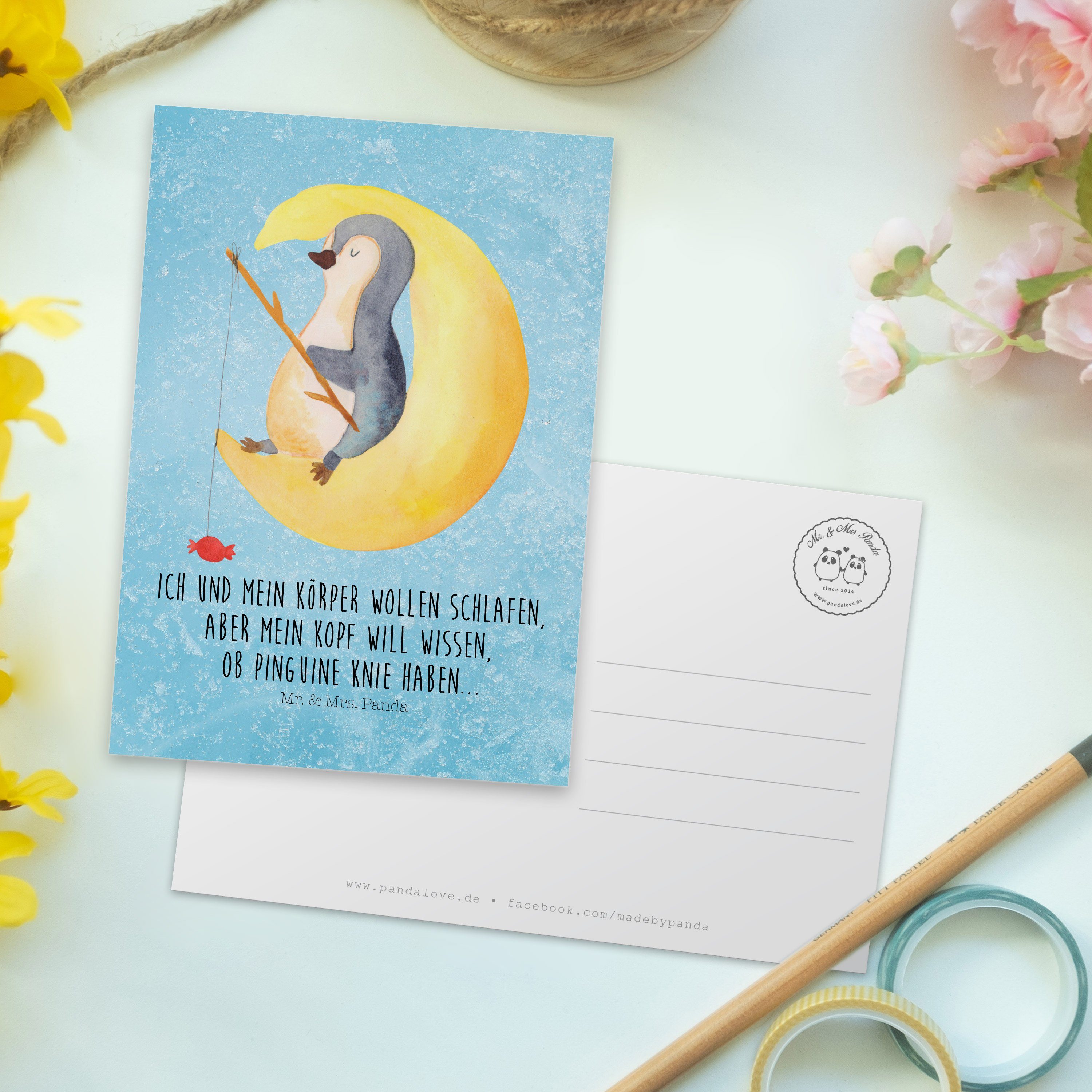 Geschenkkarte, Geschenk, - Mond & Pinguin Karte, Mrs. - Eisblau Panda Einladungska Mr. Postkarte
