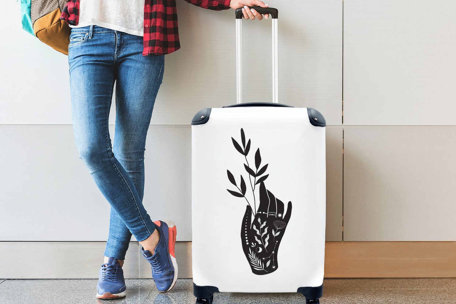 Reisekoffer mit und Ferien, Rollen, rollen, einer einem Handgepäckkoffer Moderne Hand von MuchoWow Kunst Reisetasche Trolley, weißem für Handgepäck Zweig 4 Hintergrund, auf