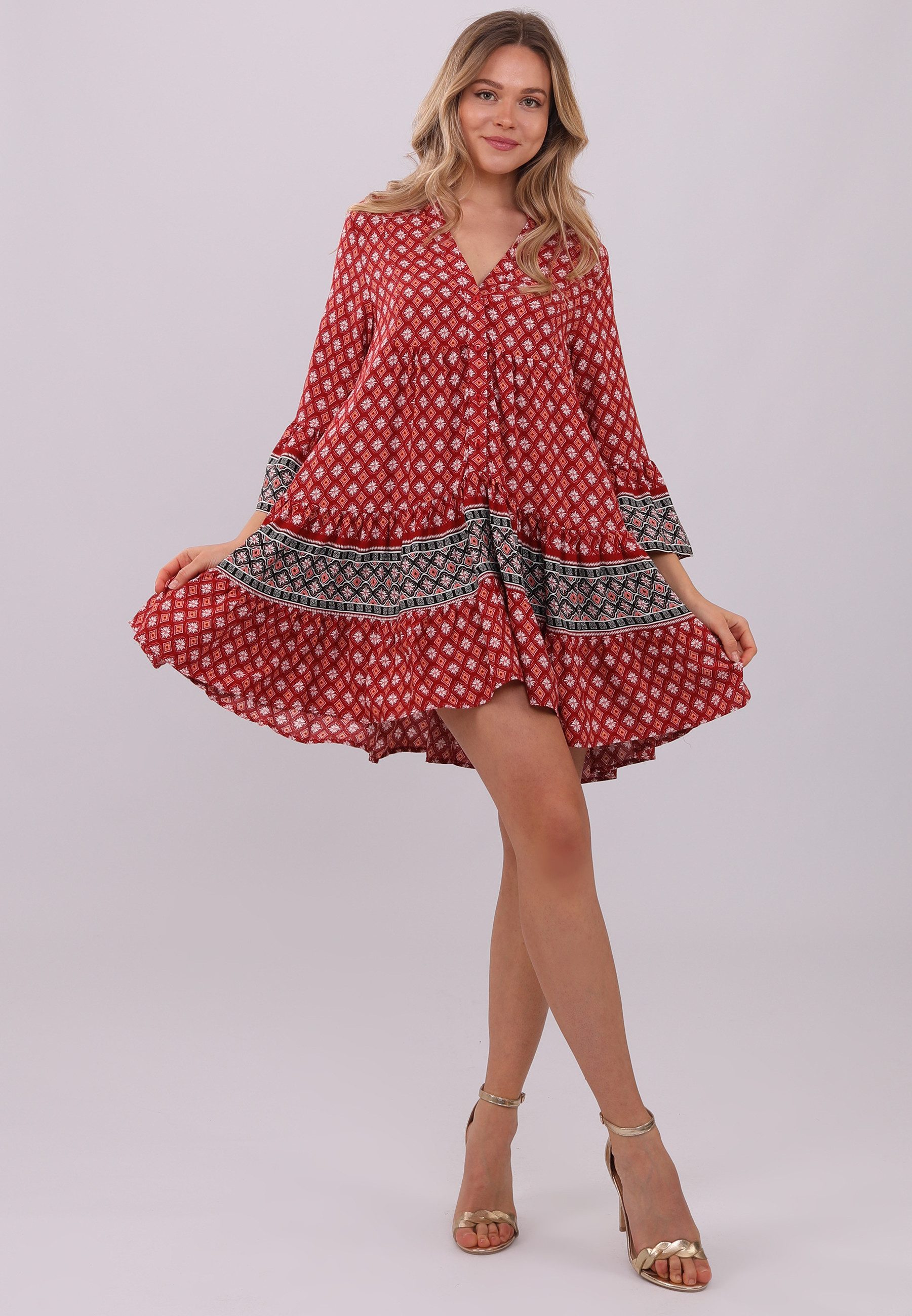 YC Fashion & Style Tunic Dress Dream Dress in Red with Ethnic Patterns All-Over Print