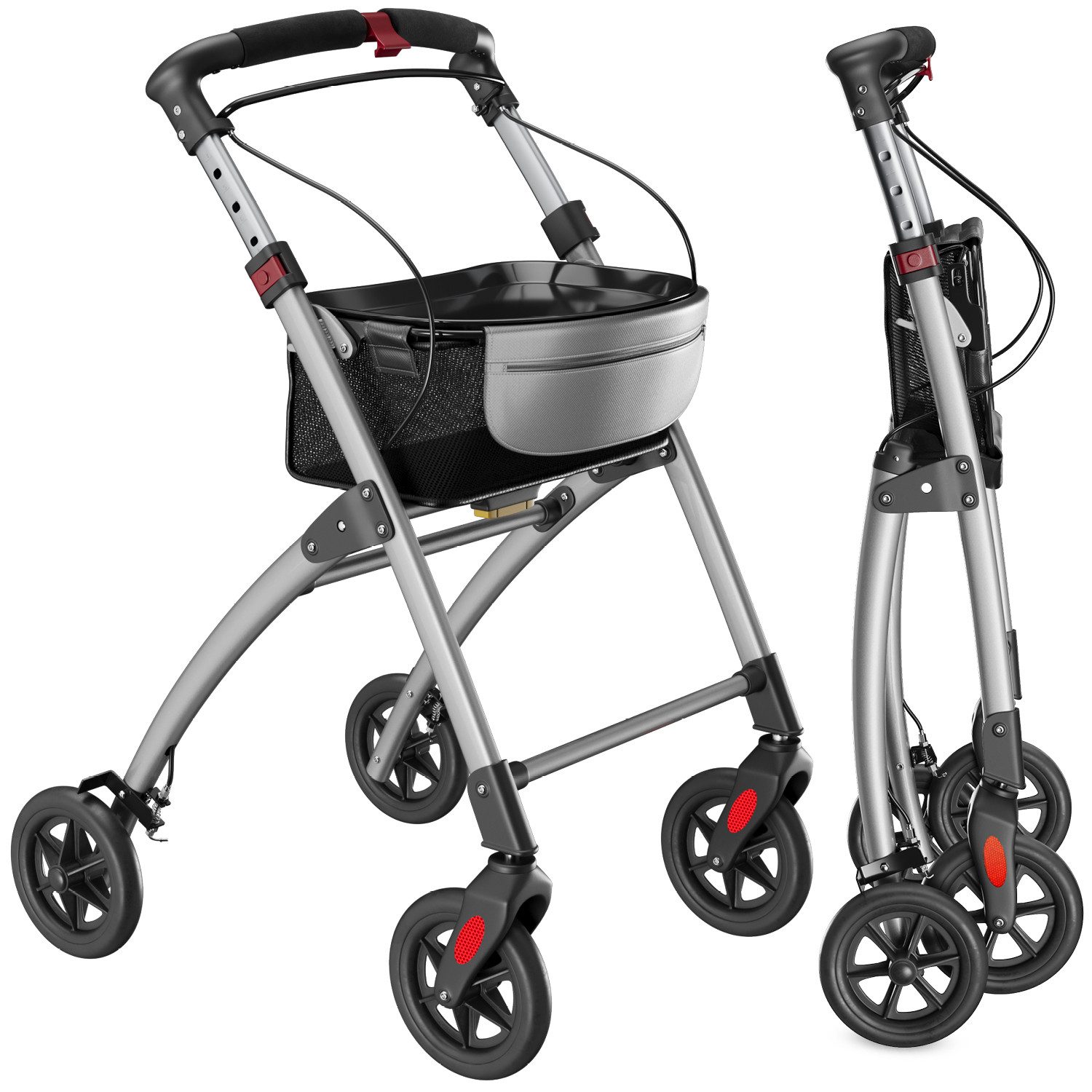 ELONEO Indoor-Rollator Wohnungsrollator inkl. Tablett & Korb für Zuhause, klappbare Gehhilfe, Einhand-Falt-mechanismus, geringes Faltmaß, maximale Sichtbarkeit