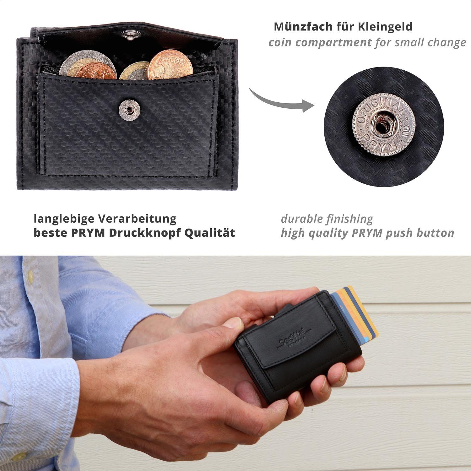 SecWal Geldbörse, Kartenetui Carbon Slim Schwarz RFID Münzfach und Geldbeutel Wallet, Schutz, mit klein, Herren Damen Druckknopf, für
