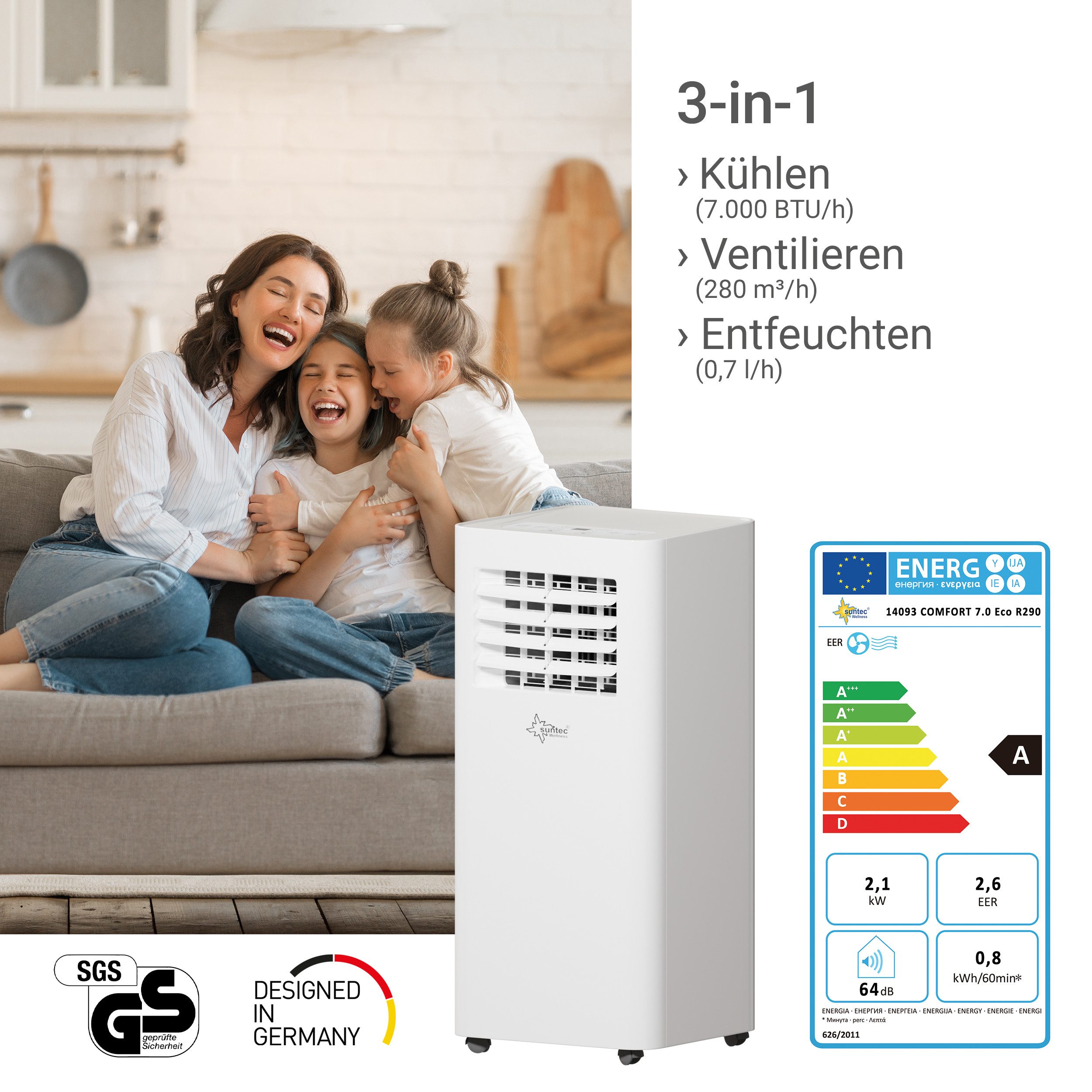 Suntec Wellness 3-in-1-Klimagerät Comfort 7.0 Eco R290, Mobile Klimaanlage für Räume bis 60 m³, Kühler & Entfeuchter