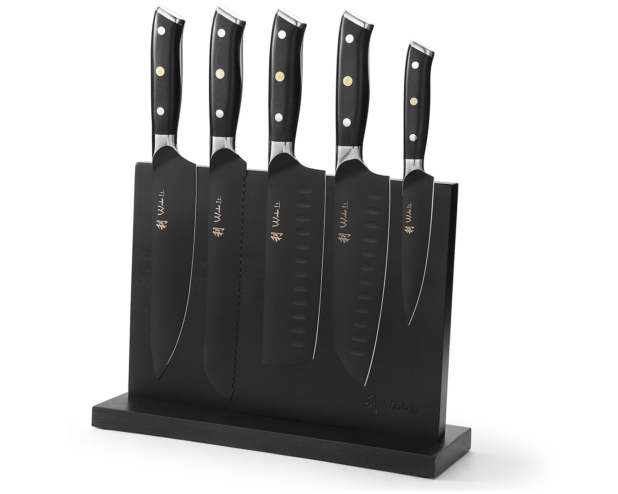 Wakoli Messer-Set Titanium Noir 5er Küchenmesser Edelstahl & magnetischer Messerblock (5er Edelstahlmesser-Set, 6-tlg., 5 Edelstahlmesser, mag. Messeblock), schwarze Titanbeschichtung