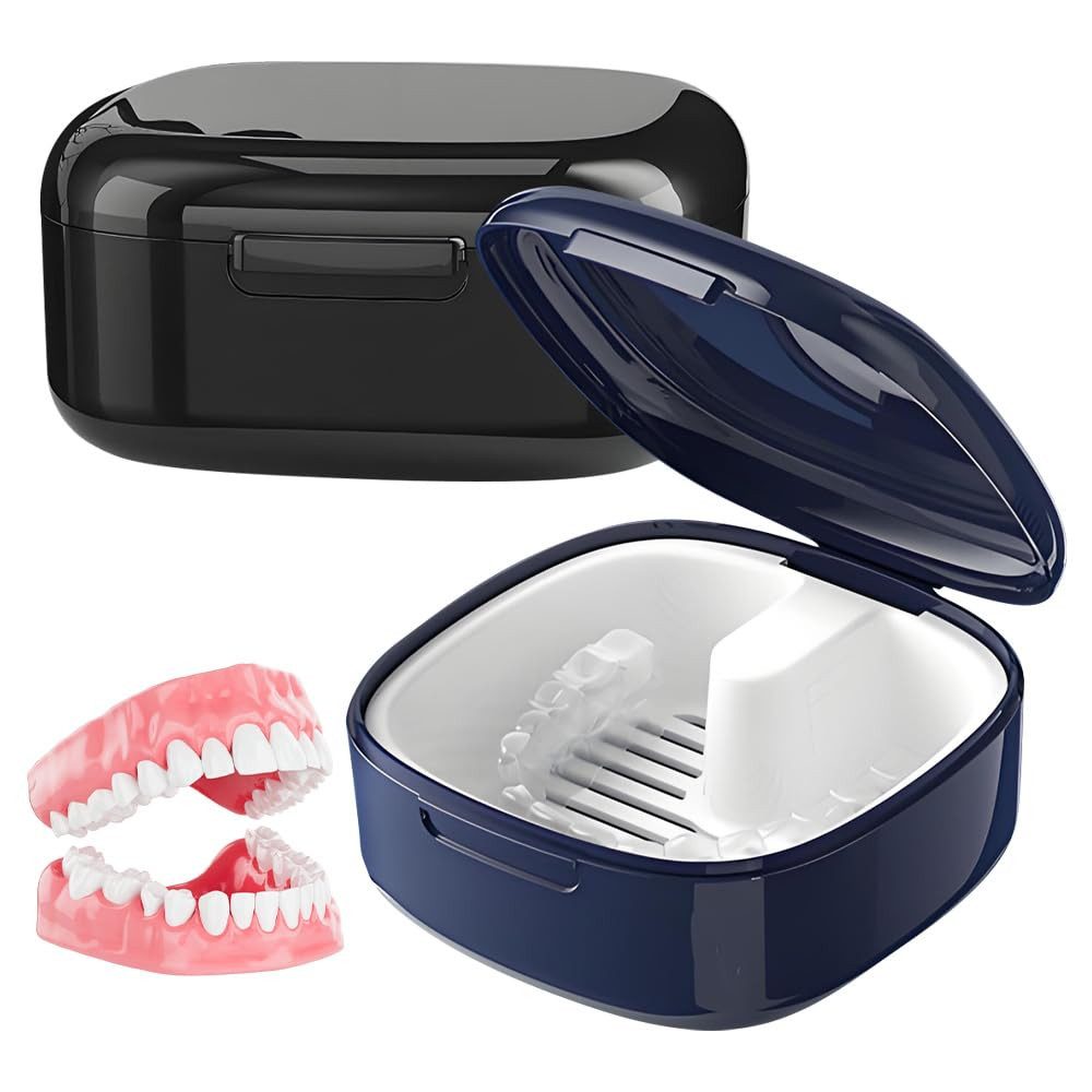 Diwzbyn Zahndose Zahnersatzbox 2er Set mit Filterkorb, Reinigung & Aufbewahrung, Für Zahnprothesen, Zahnspangen & Retainer, Abnehmbarer Korb, Clipbox