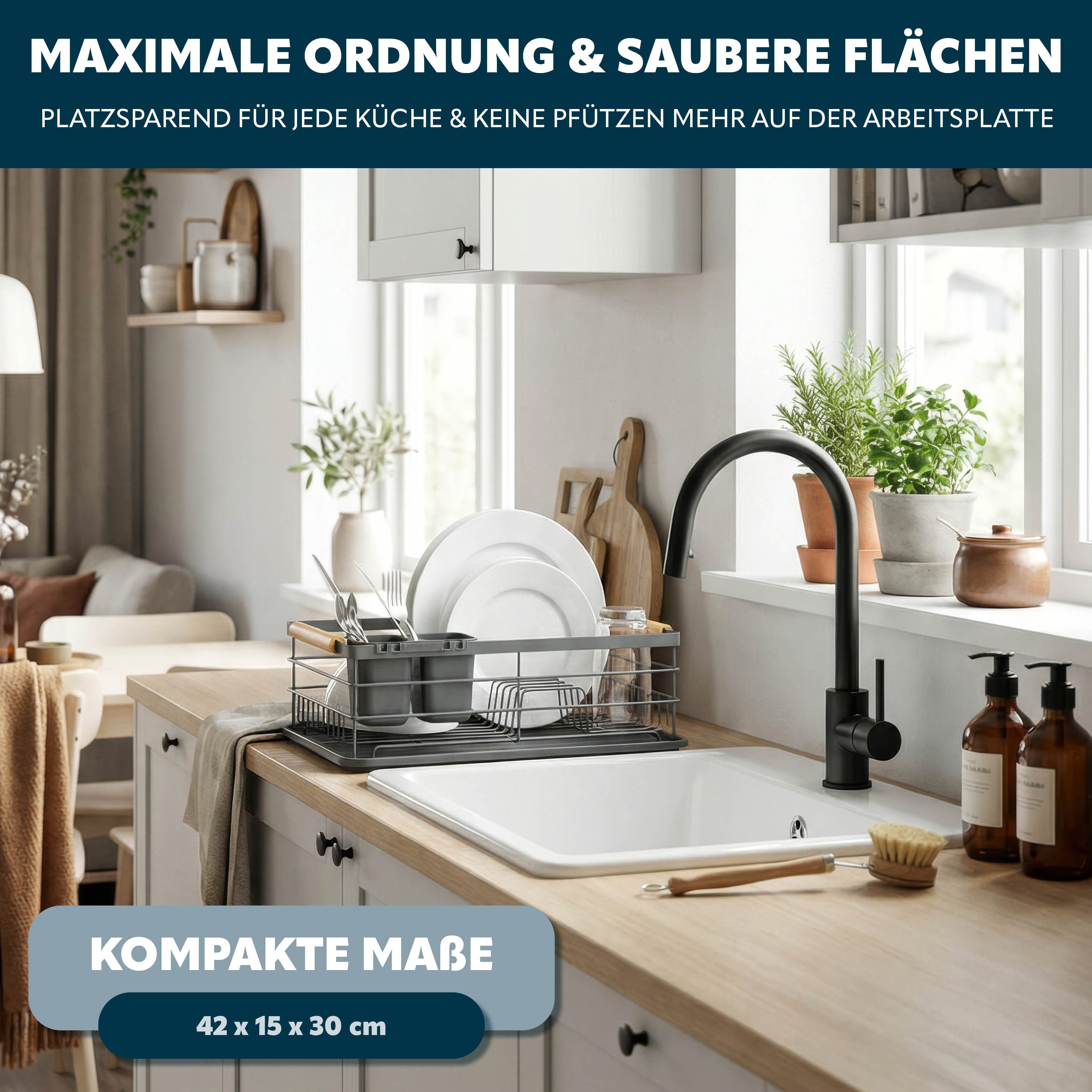 eluno Geschirrständer Metall-Abtropfgestell mit Abtropfschale für Geschirr mit Besteckhalter – Bild 2 von 5