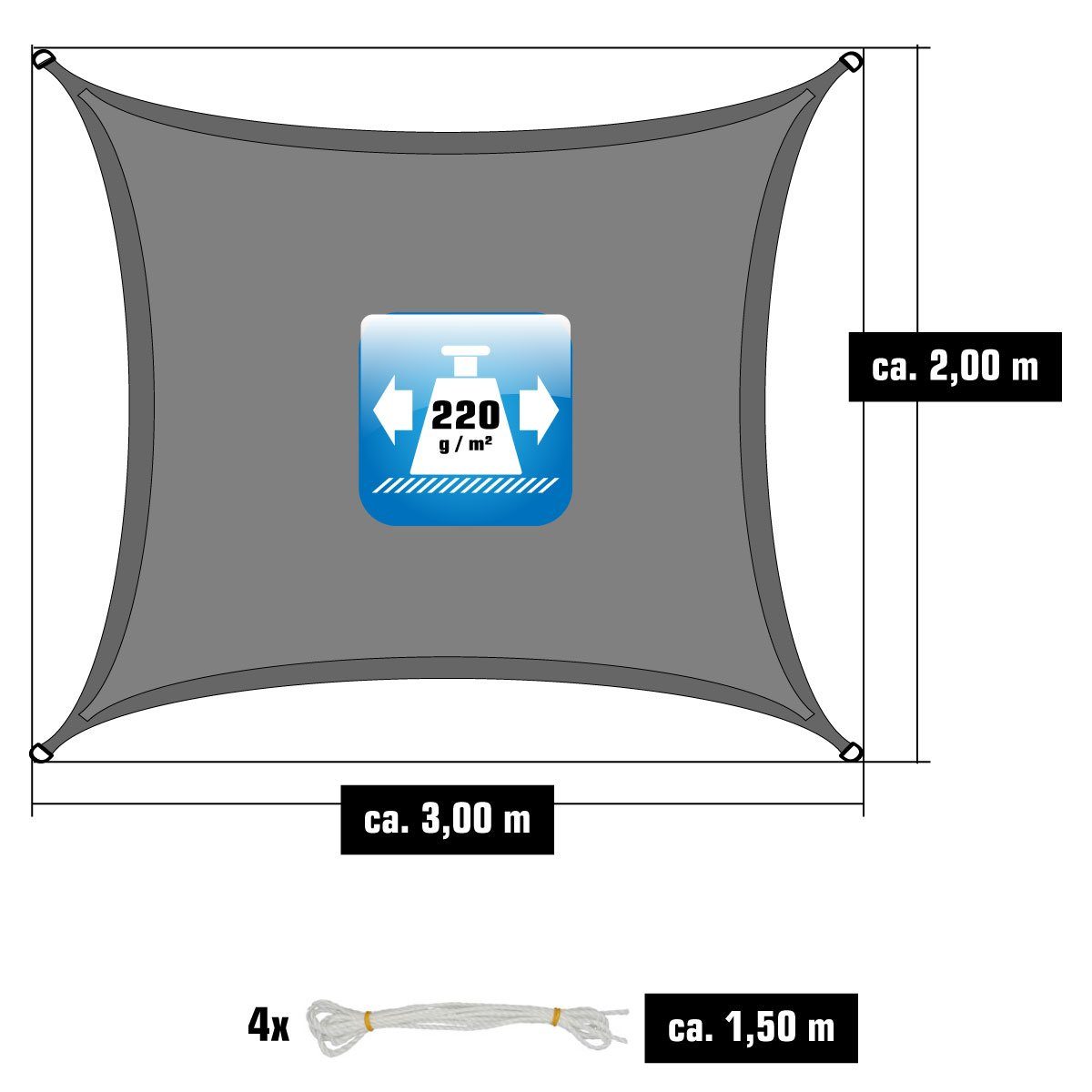 AMANKA Sonnensegel mit Befestigung - 3 x 2 m Winddurchlässig für Garten, Terrasse, Balkon, Wasserdurchlässiges HDPE Sonnenschutzsegel - Überdachung Rechteckig