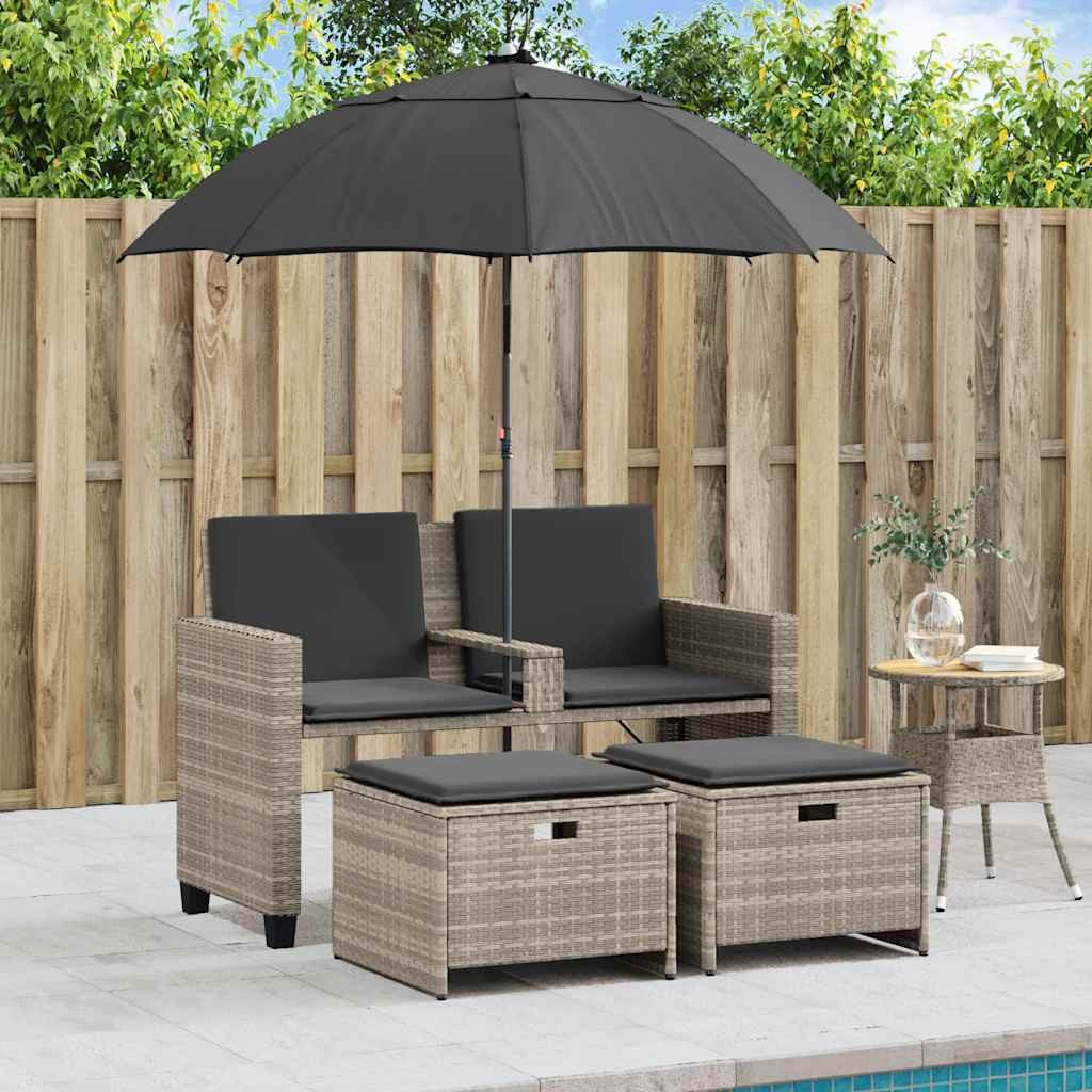vidaXL Loungesofa Gartensofa 2-Sitzer Sonnenschirm und Hocker Hellgrau Polyrattan, 1 Teile