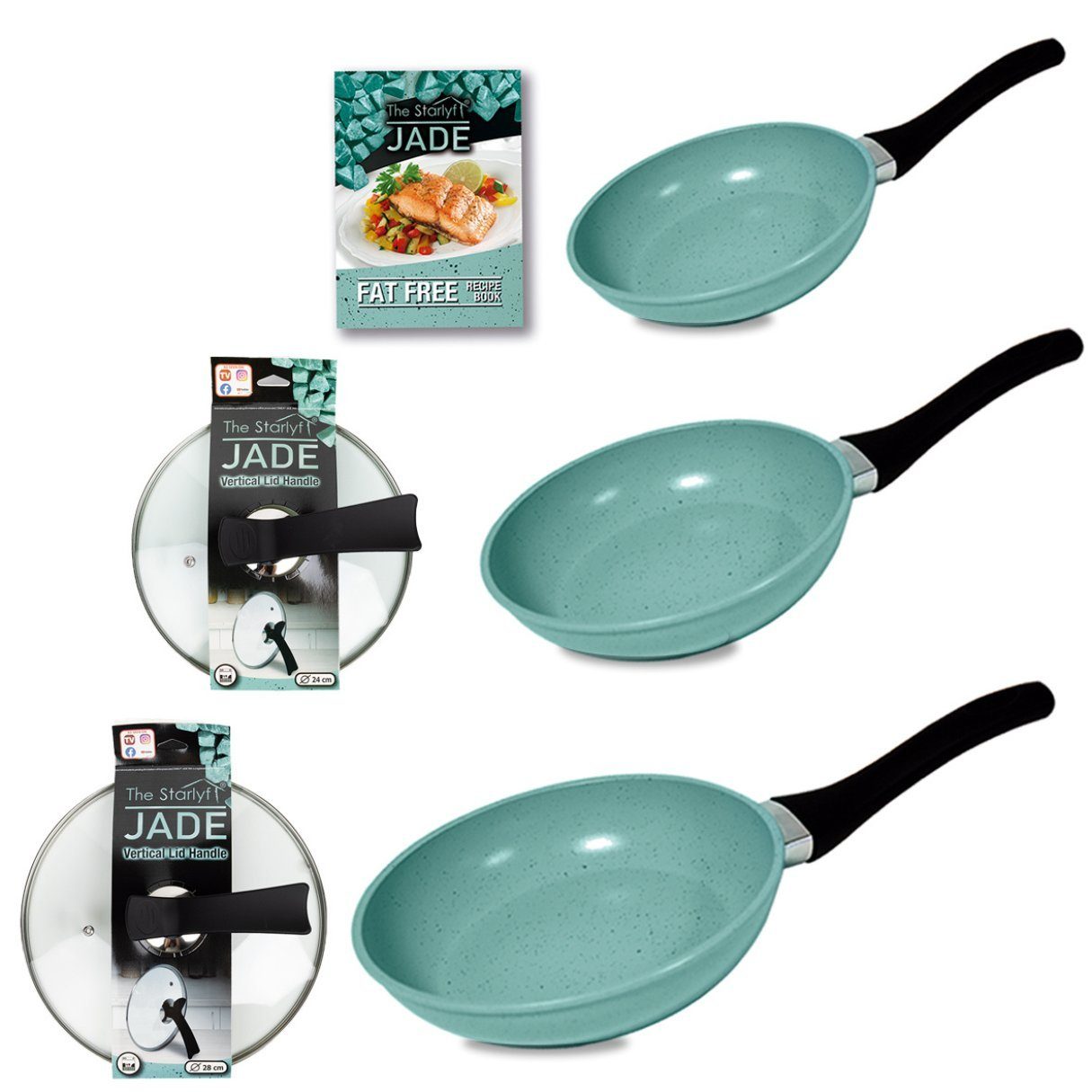 Starlyf Pfannen-Set Jade Pan Set, Aluminium (Starter-Set, 5-tlg., 3 Pfannen, 2 Glasdeckel), Innovativer Deckelgriff zum abstellen