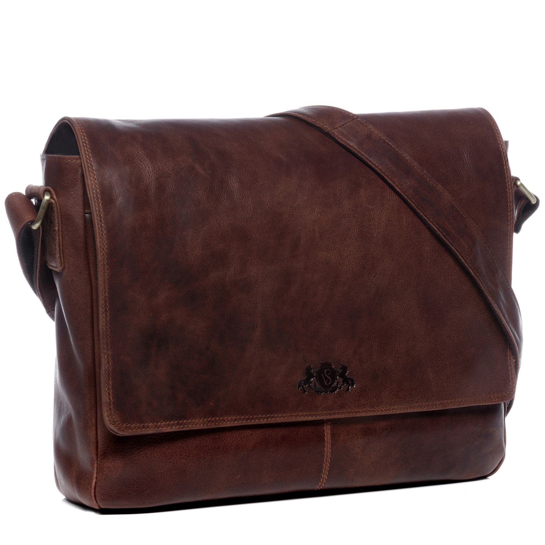 SID & VAIN Messenger Bag SPENCER groß Laptop-Tasche 15 Zoll echt Leder, Umhaengetasche Laptop Fach Herren Damen Schultertasche braun – Bild 5 von 5