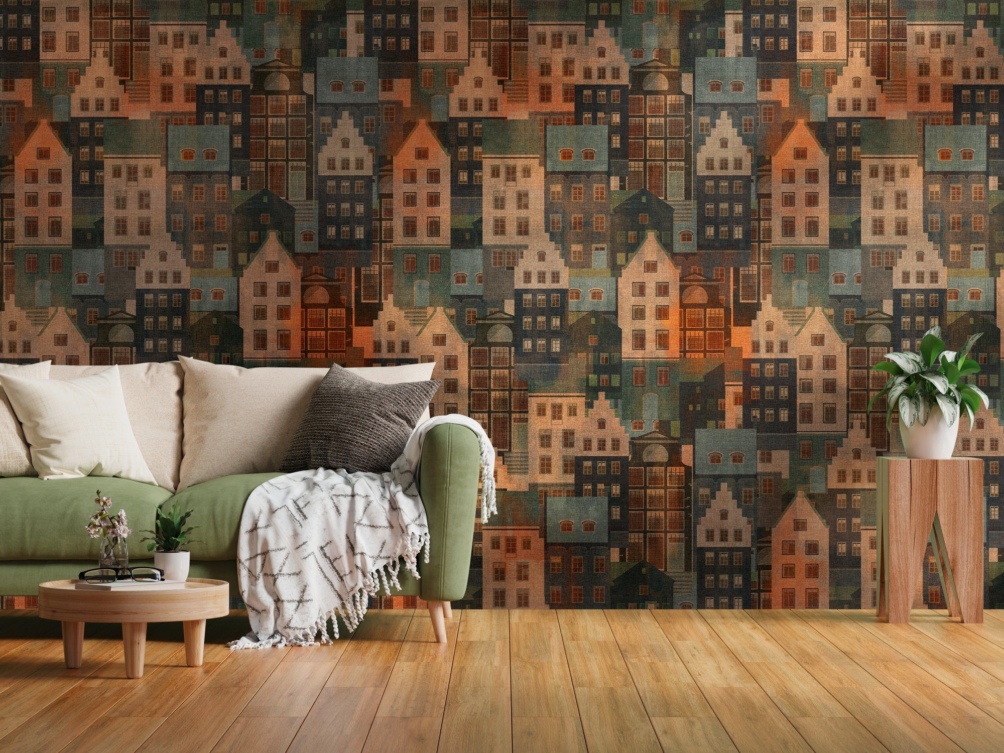 living walls Fototapete Metropolitan Stories. Travel Styles. Tapete mit Gebäuden, glatt, matt, gemustert, neutral, (1 St), Fototapete Skandinavisch Skandi-Stil Häuser Designtapete Tapeten Flur
