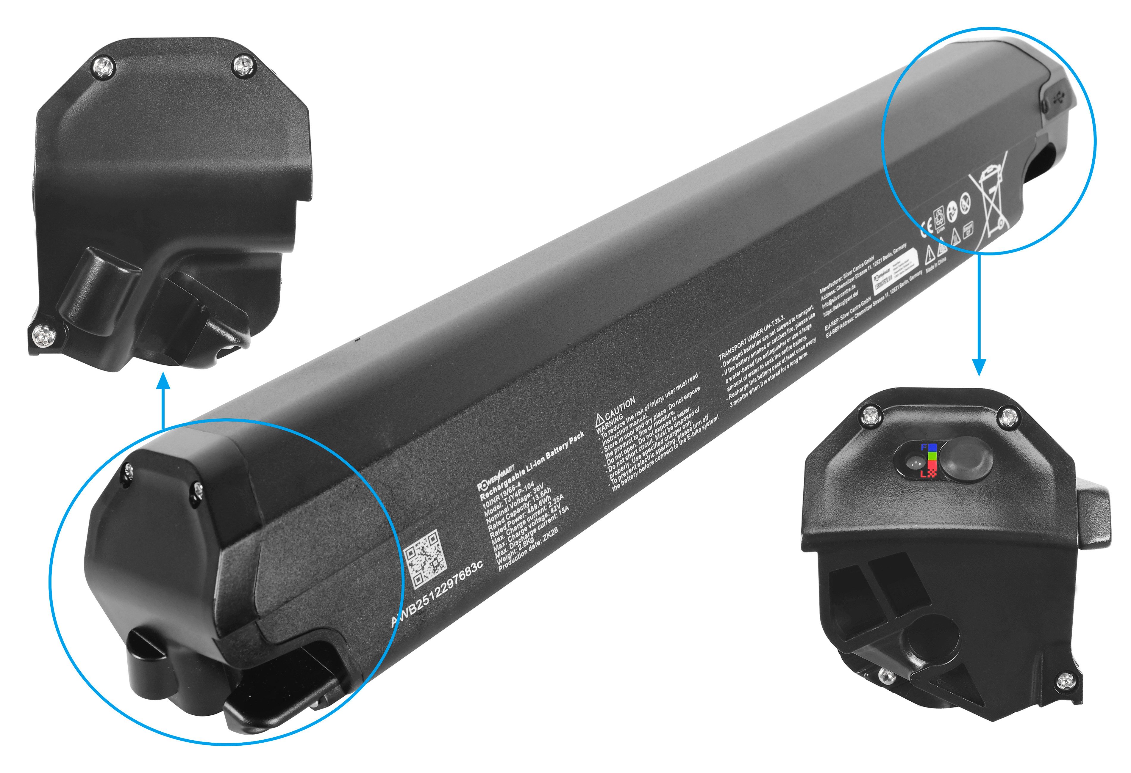 PowerSmart 505mm E-Bike Akku für bad-bike Evo Fat 250W Li-ion 13600 mAh (36 V)
