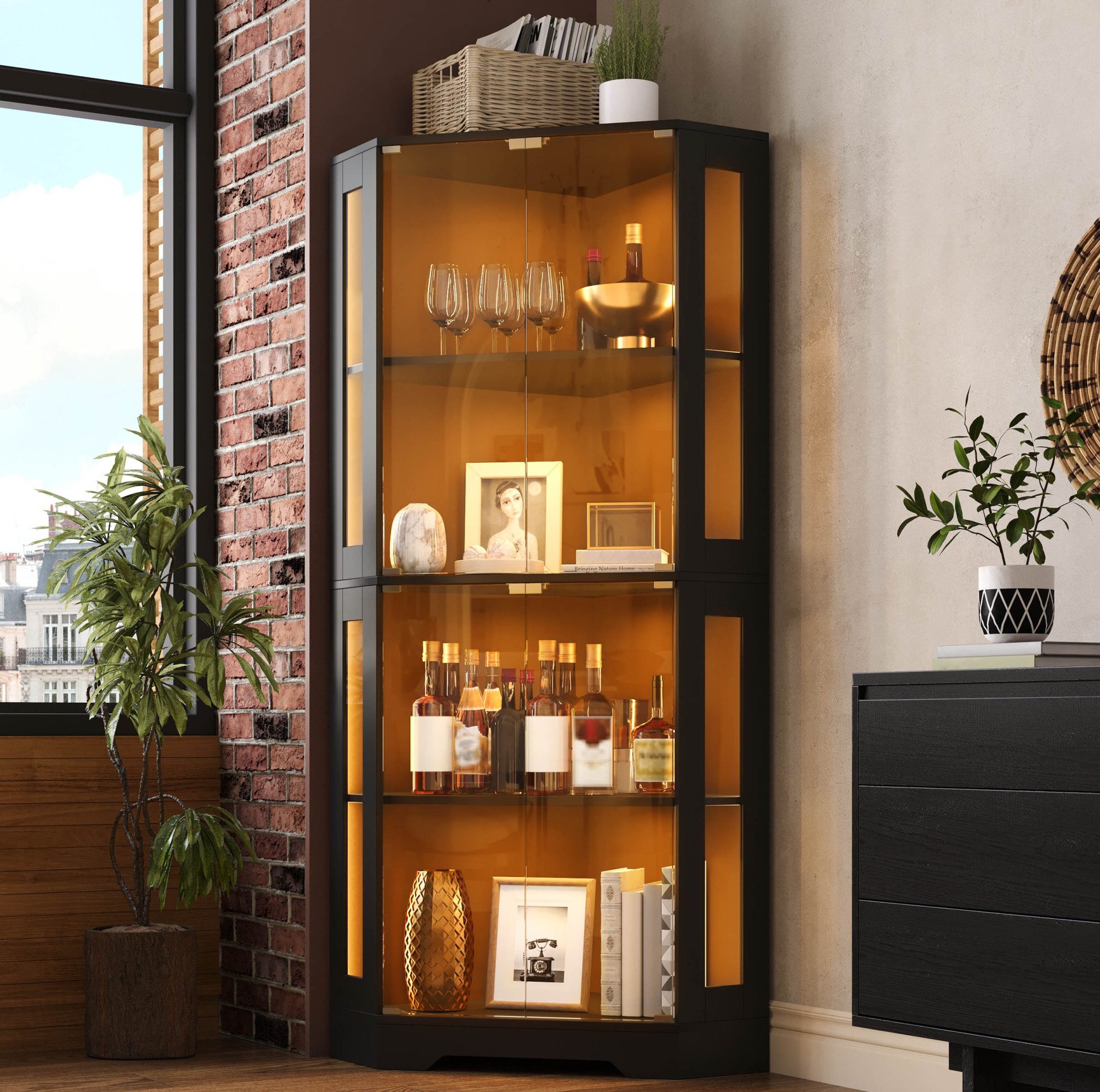 OKWISH Vitrine 165 cm Glasvitrinenschrank mit LED Eckschrank Sicherheitsglas (Packung, 1-St., Weinschrank Möbel für Küche Esszimmer mit Glasdesign Nutzung) Vitrine mit 4 Ebenen für Figuren Sammlerstücke und Dekoration