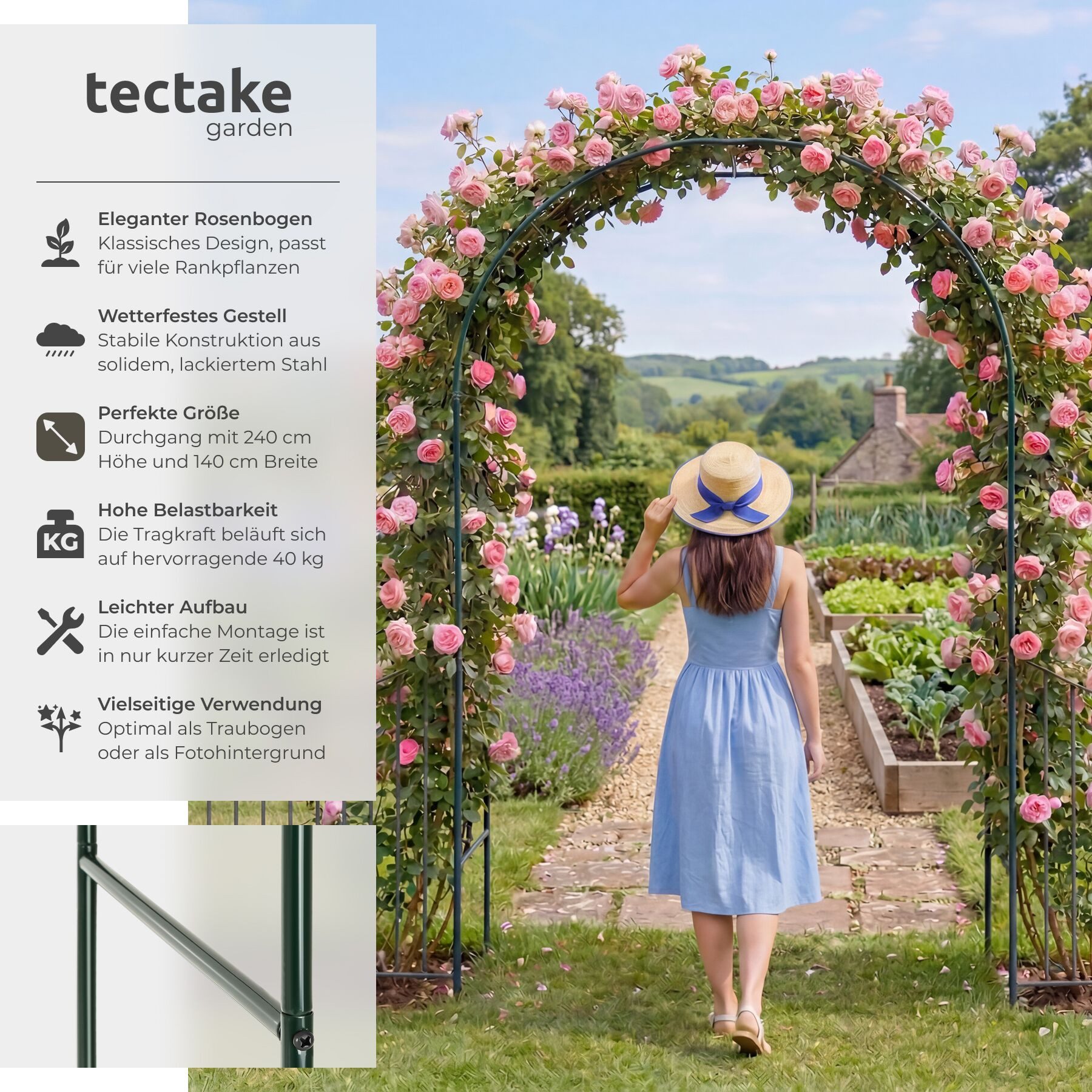 tectake Rosenbogen Rankbogen 140 x 40 x 240 cm aus Stahl, wetterfest und stabil Rosenspalier, in grün, für einen stabilen Halt konzipiert und zur einfachen Mont – Bild 2 von 5